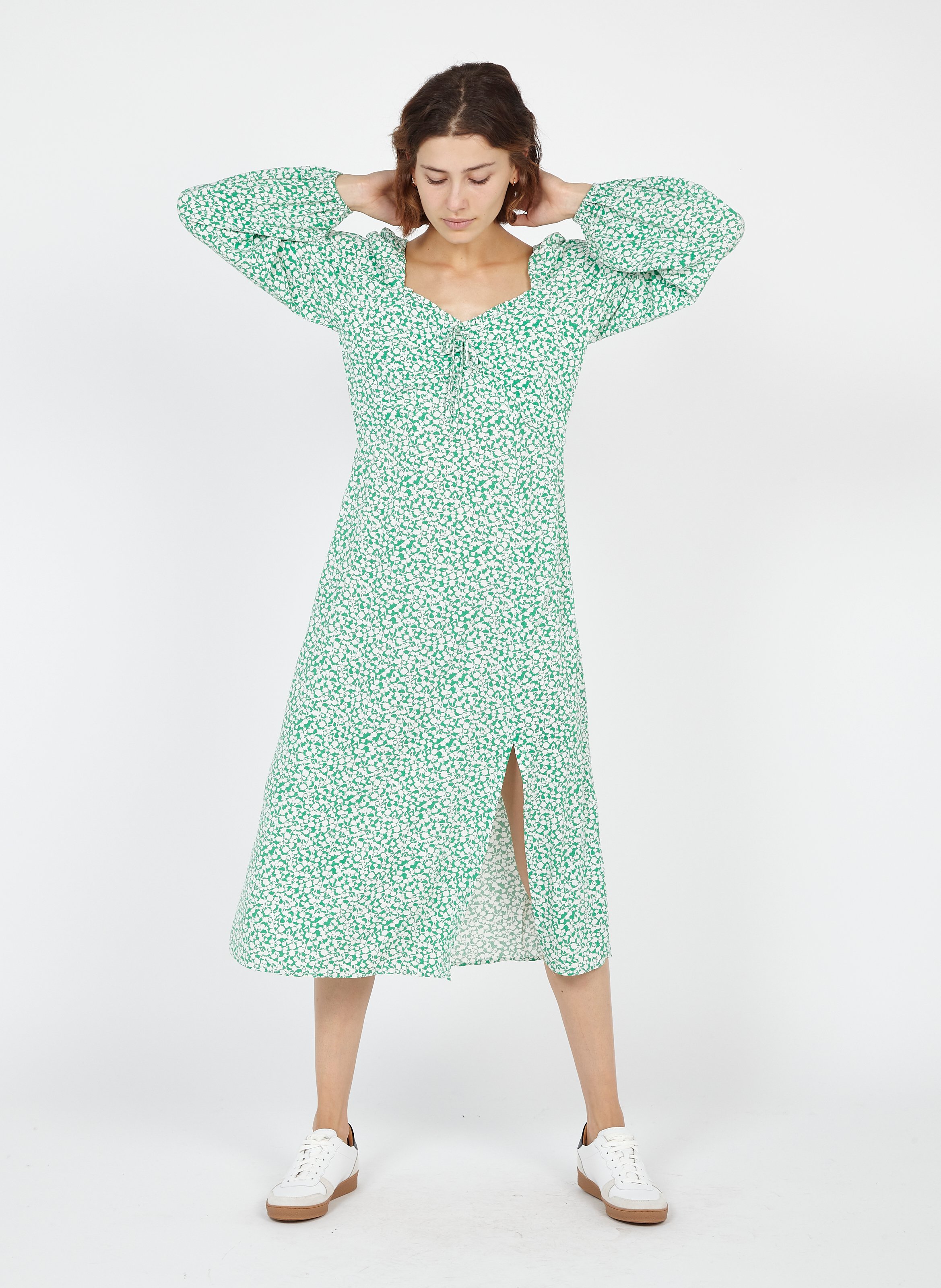 green floral v neck dress