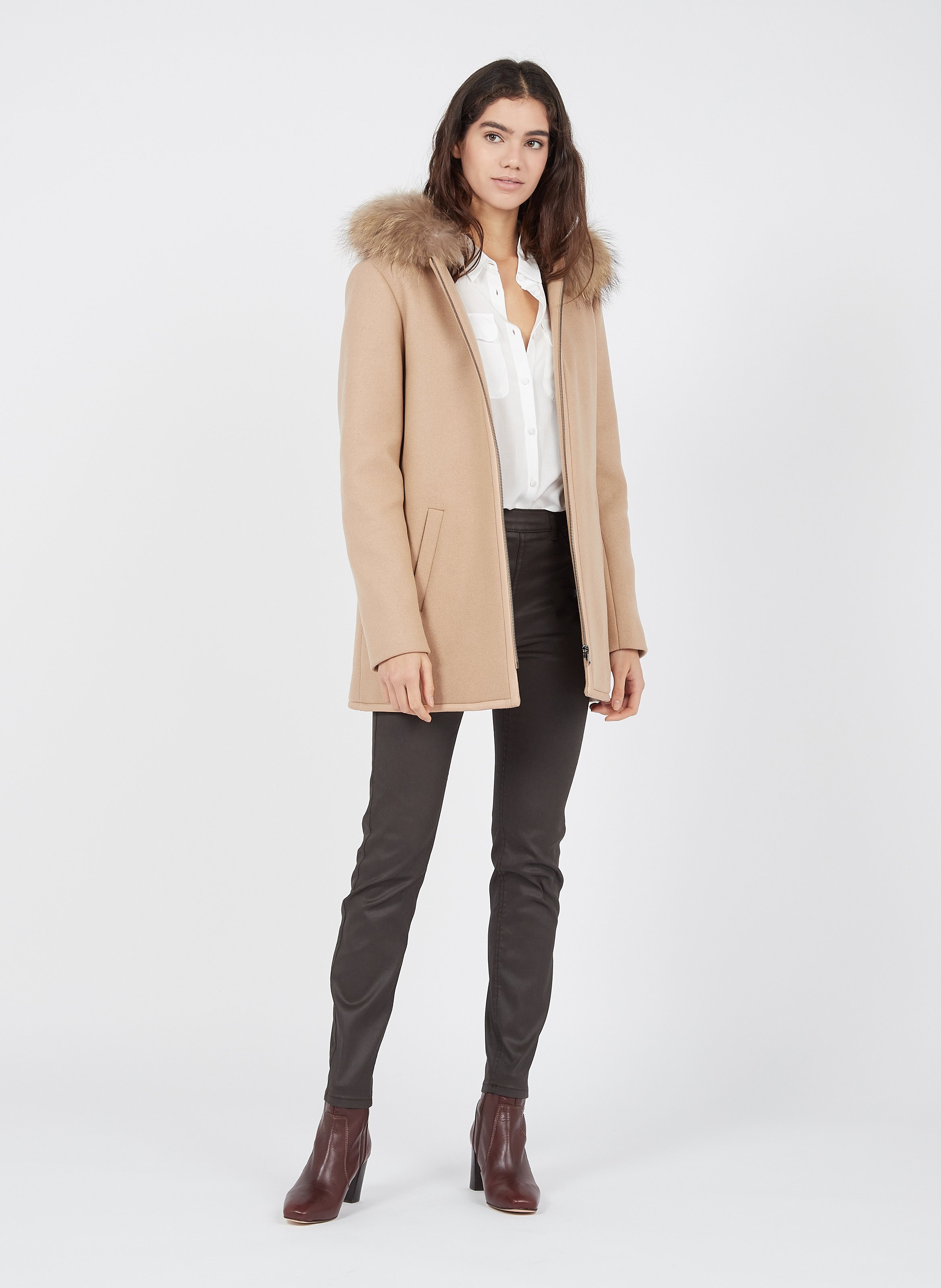 camel coat with fur hood