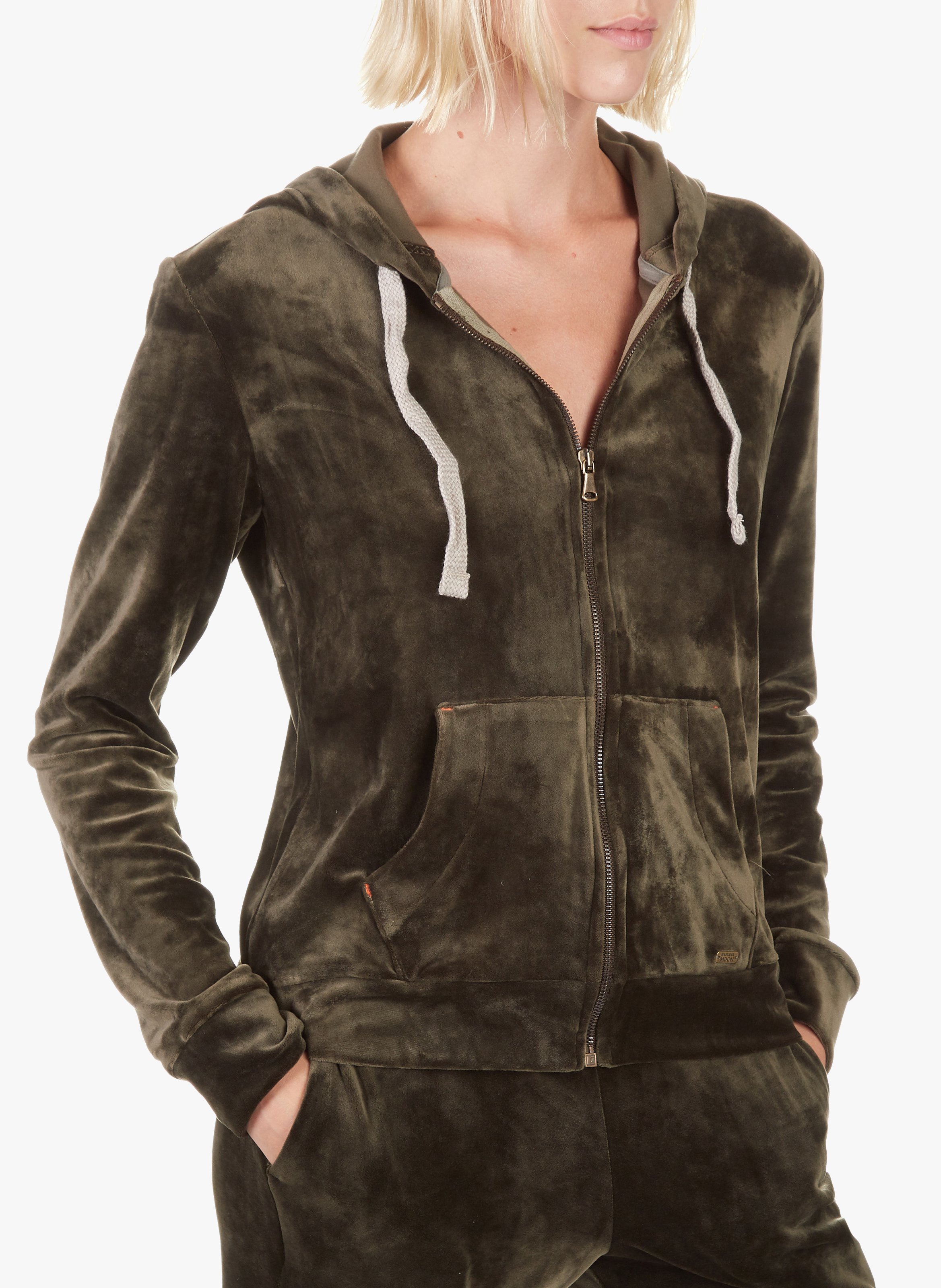 Sudadera De Terciopelo Bordada En La Espalda Con Cuello Redondo, Cremallera  Y Capucha Kaki Sealake Banana Moon - Mujer | Place des Tendances