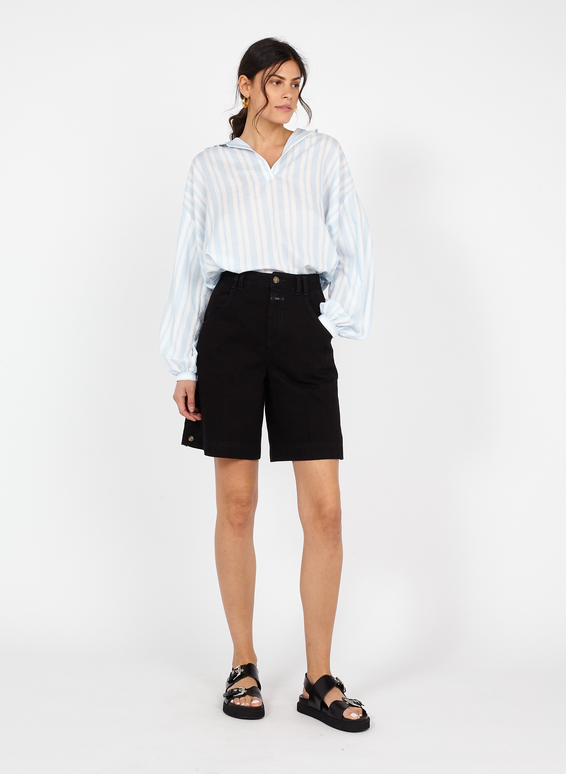 Bermudas Anchas De Mezcla De Algodón Orgánico De Talle Alto Black Closed -  Mujer | Place des Tendances