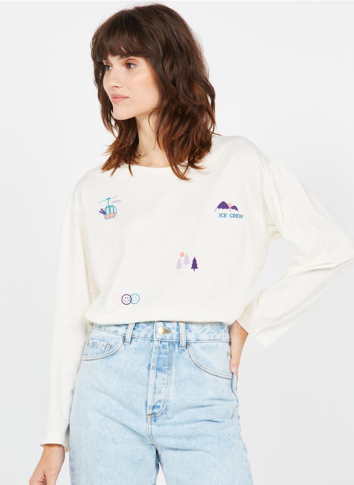DES PETITS HAUTS Camiseta de algodón con cuello redondo y bordado en blanco