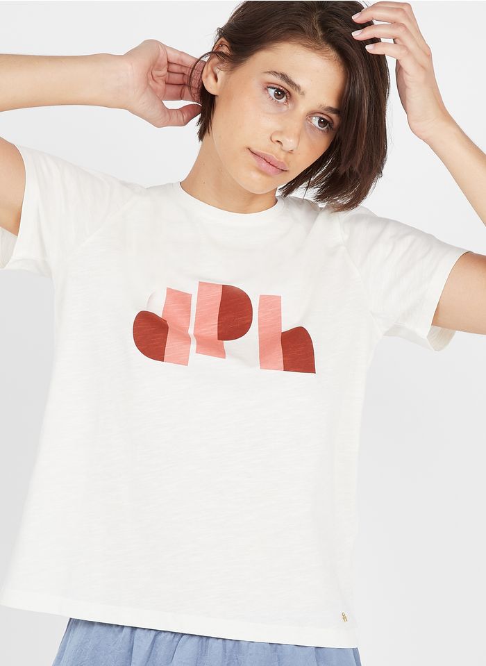 DES PETITS HAUTS Camiseta de algodón estampada con cuello redondo en blanco