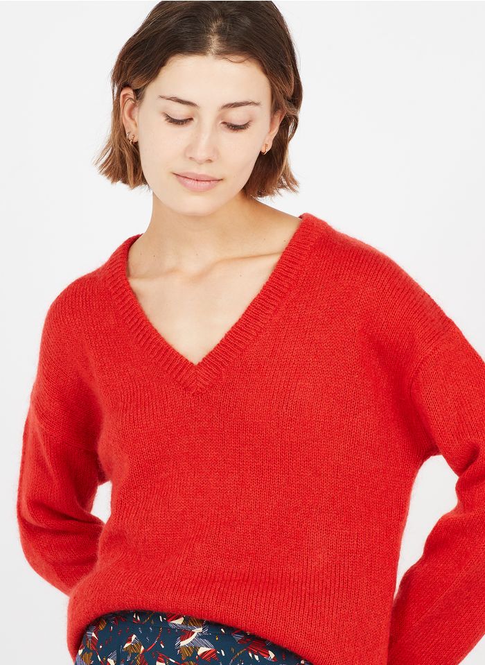 EKYOG Jersey de lana y seda con cuello de pico en rojo
