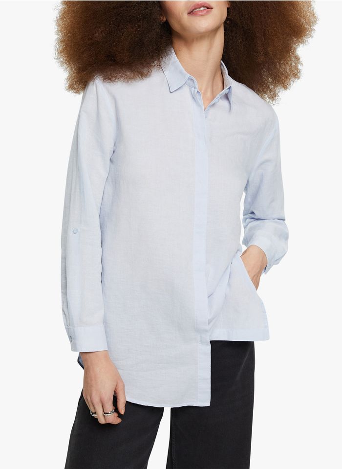 ESPRIT Camisa de lino y algodón con cuello clásico en azul