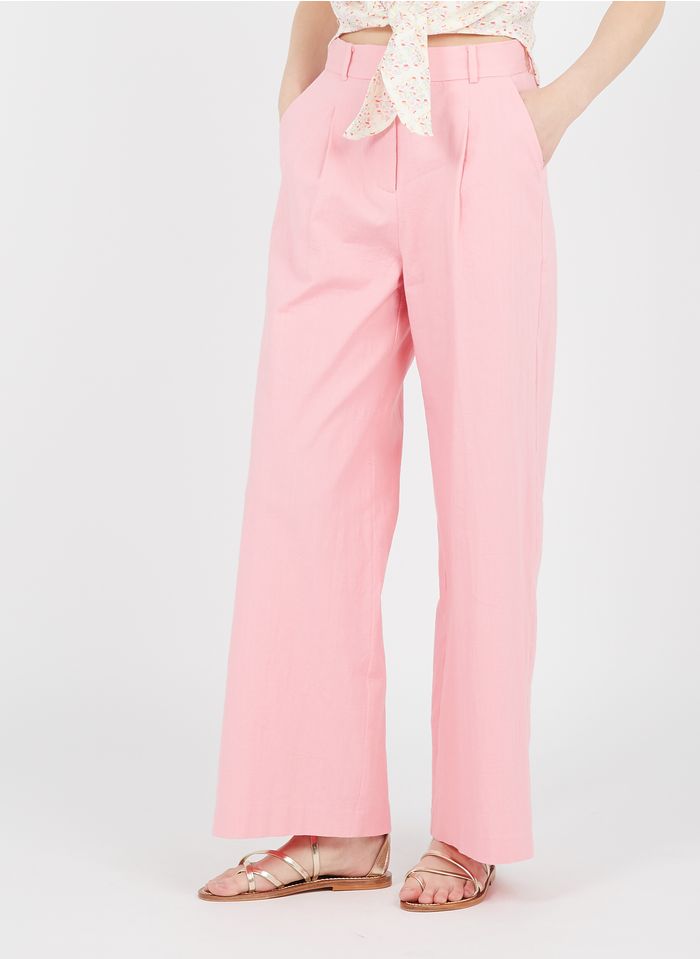FRNCH Pantalón ancho de talle alto de mezcla de algodón con cinturón en rosa