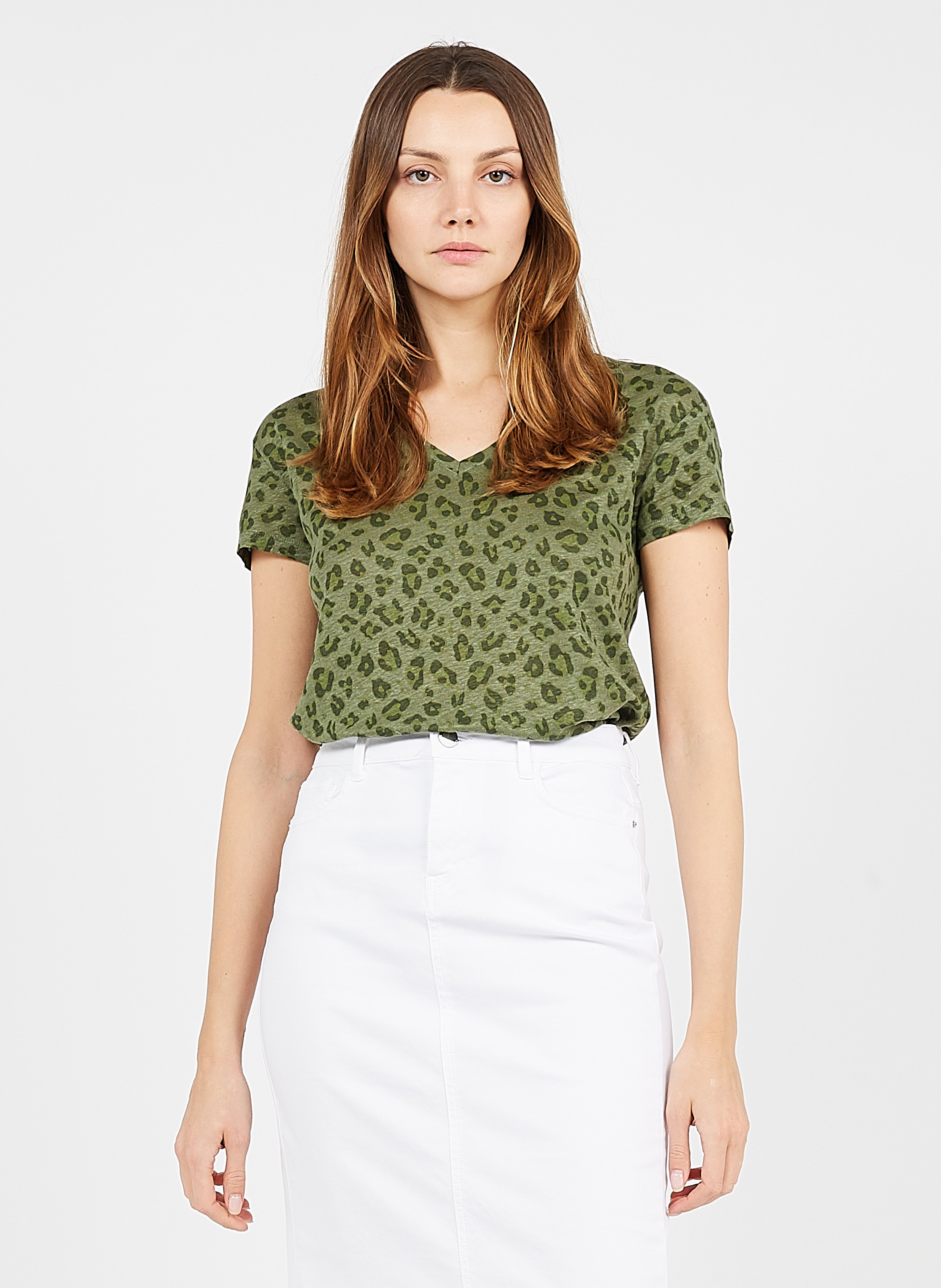 Camiseta De Lino Con Cuello De Pico Y Motivo De Leopardo Vert Kaki Gerard  Darel - Mujer | Place des Tendances