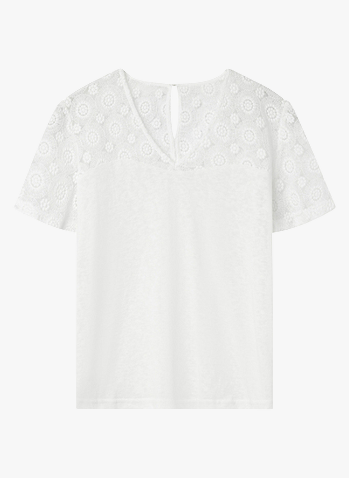 GRACE ET MILA Camiseta de mezcla de encaje y algodón con cuello de pico en blanco