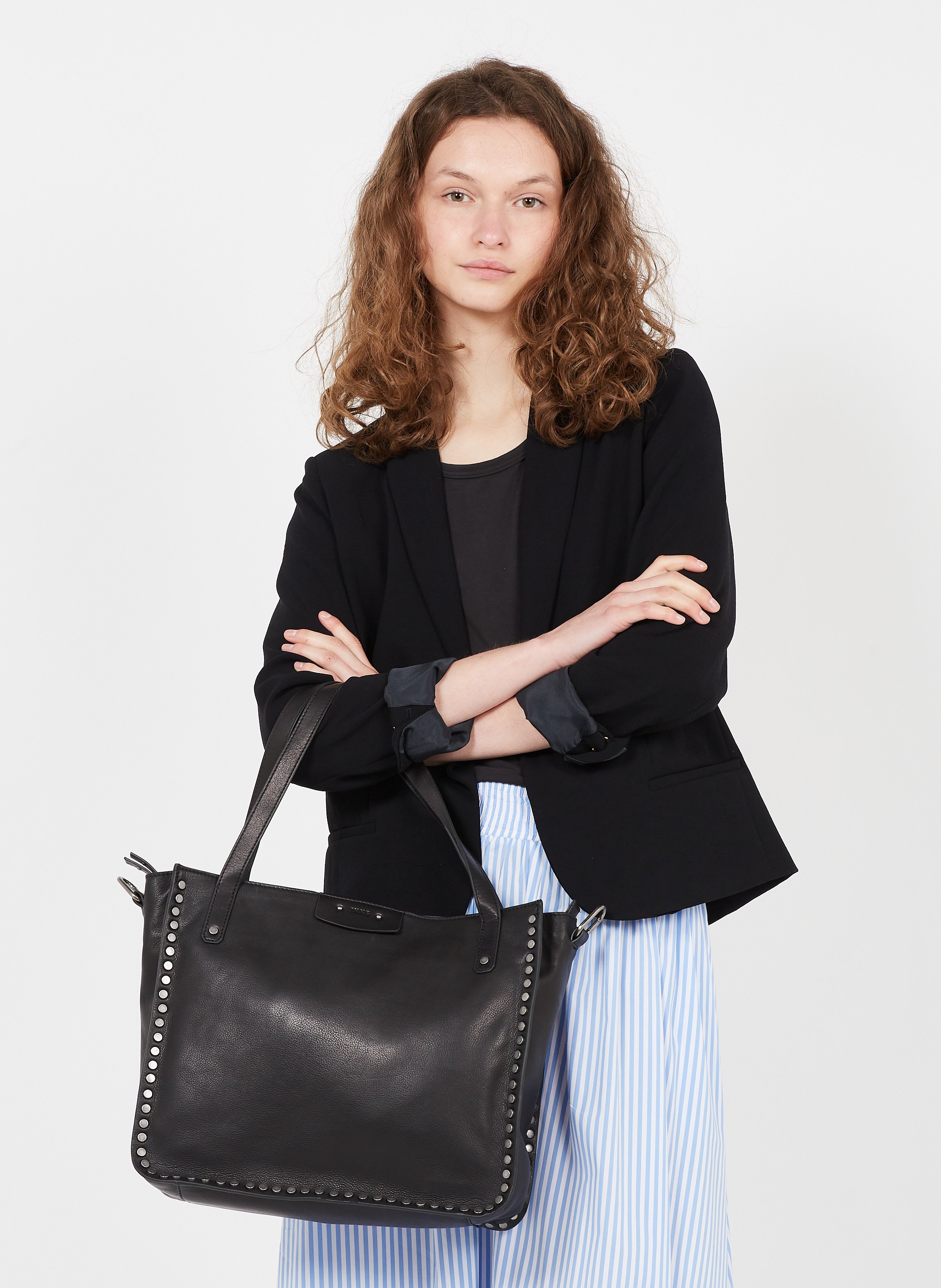 Bolso Shopper De Piel Granulada Con Tachuelas Noir Ikks - Mujer | Place des  Tendances