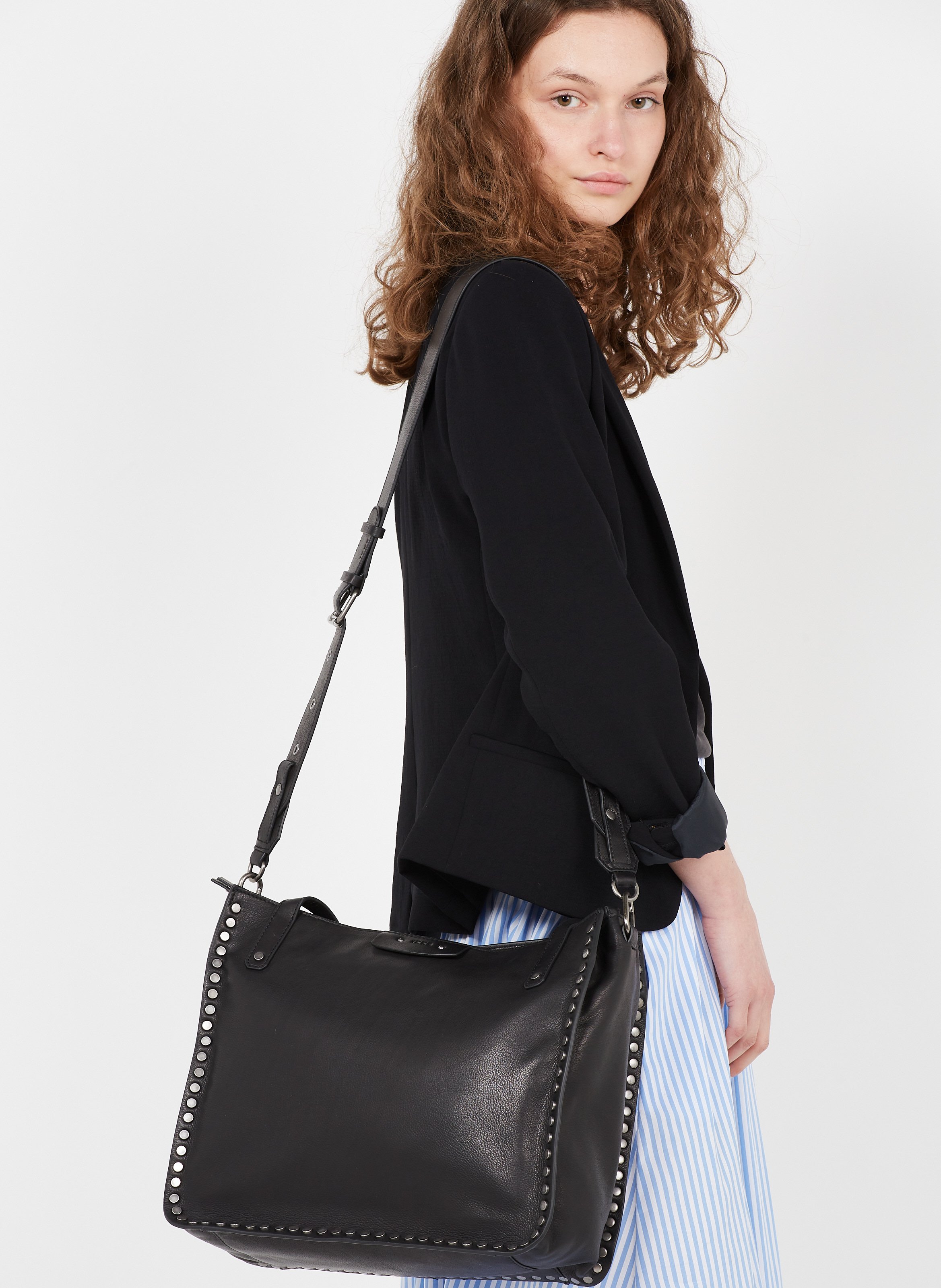 Bolso Shopper De Piel Granulada Con Tachuelas Noir Ikks - Mujer | Place des  Tendances