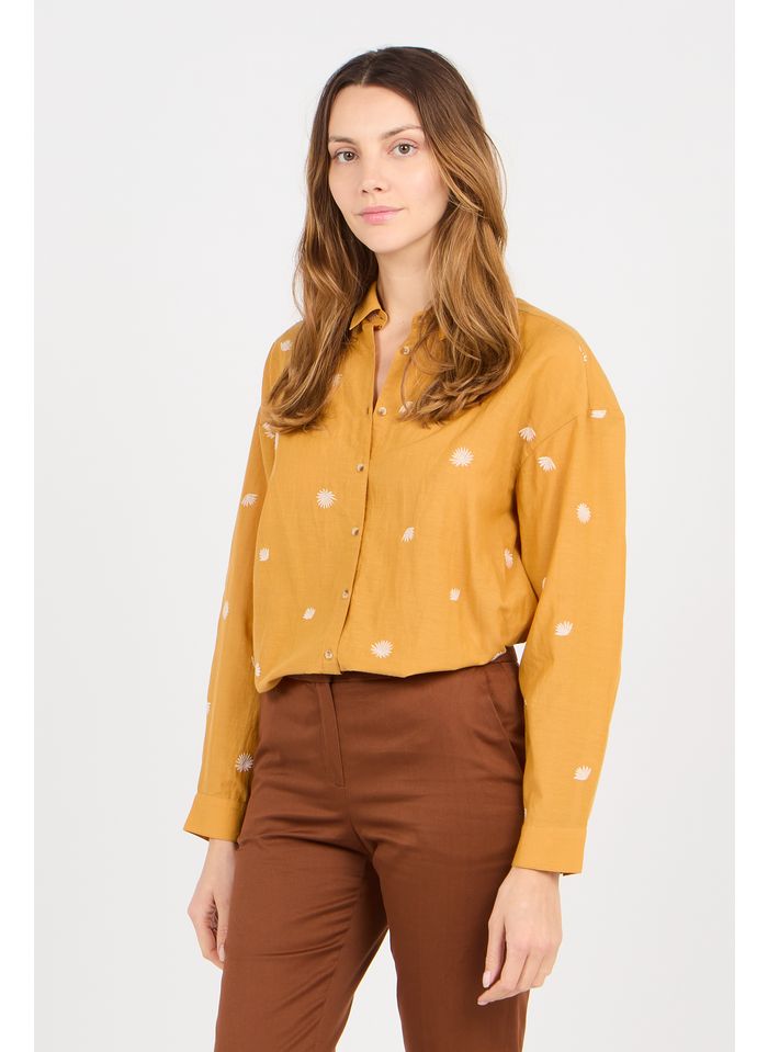 MAISON 123 Camisa oversize de mezcla algodón con cuello clásico y bordado en amarillo