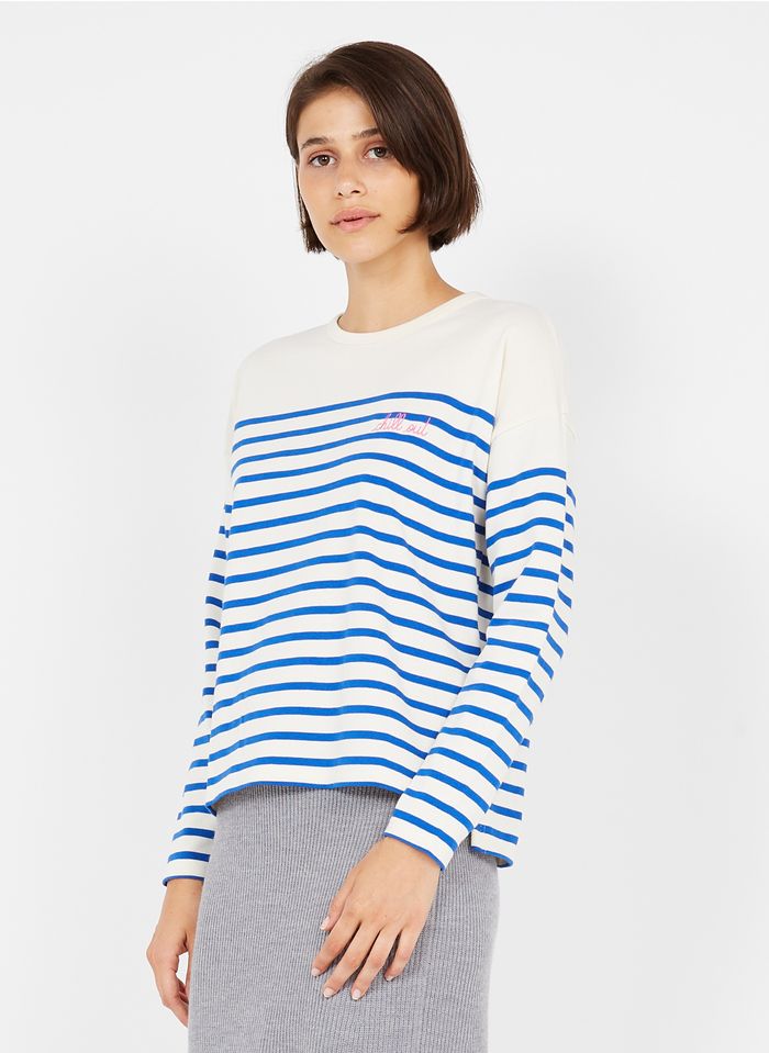 MAISON LABICHE Camiseta marinera de algodón orgánico con cuello redondo y bordado Chill out en azul