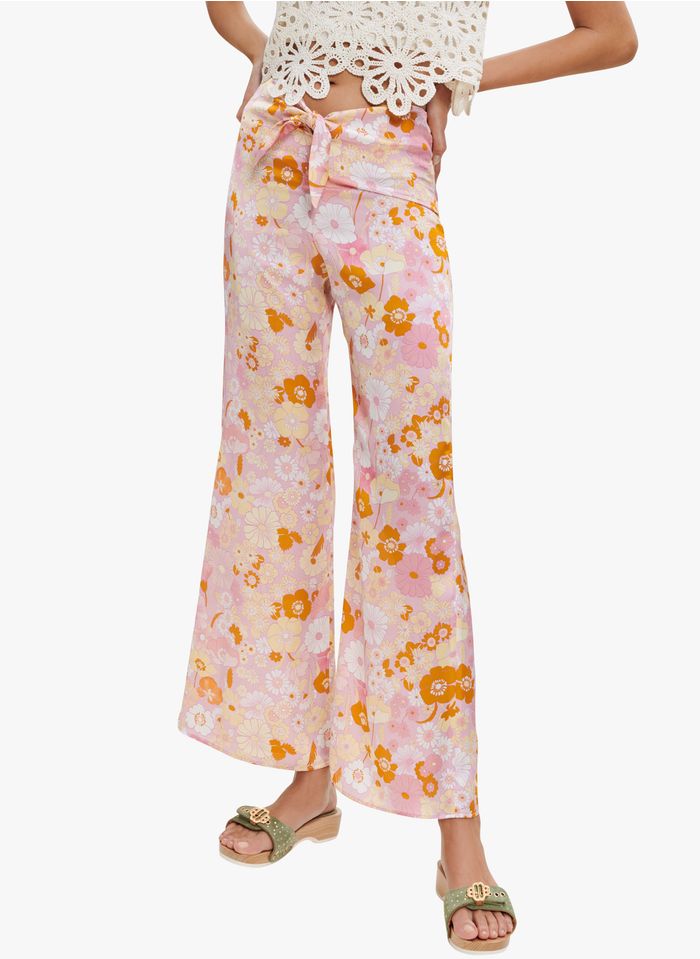 MAJE Pantalón ancho de talle alto con estampado floral en rosa