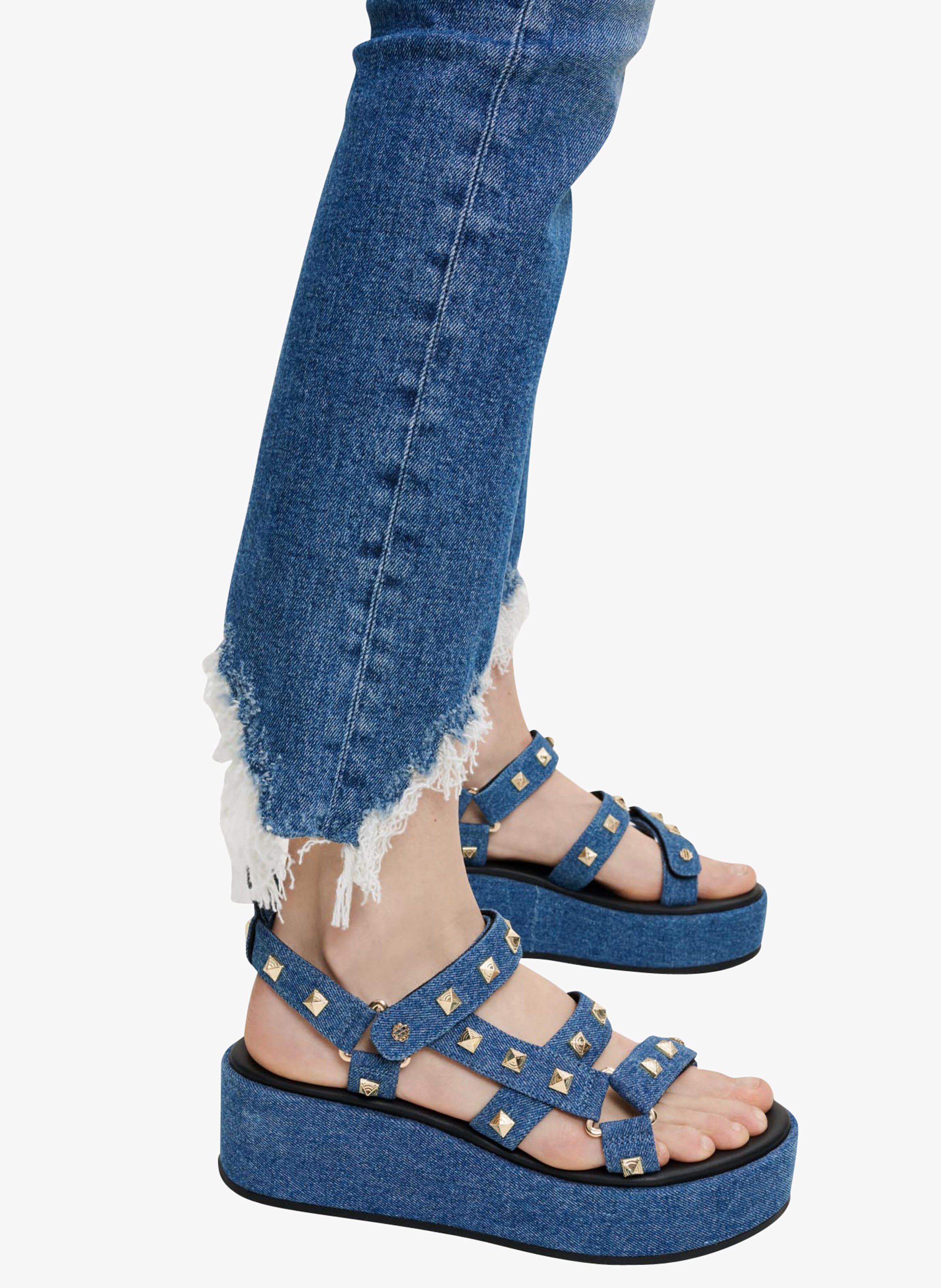 Sandalias de plataforma de mezclilla con cremallera para mujer y niña,  zapatos planos de tela vaquera con suela gruesa y Punta abierta para  verano, zapatos de goma para playa, zapatillas para mujer