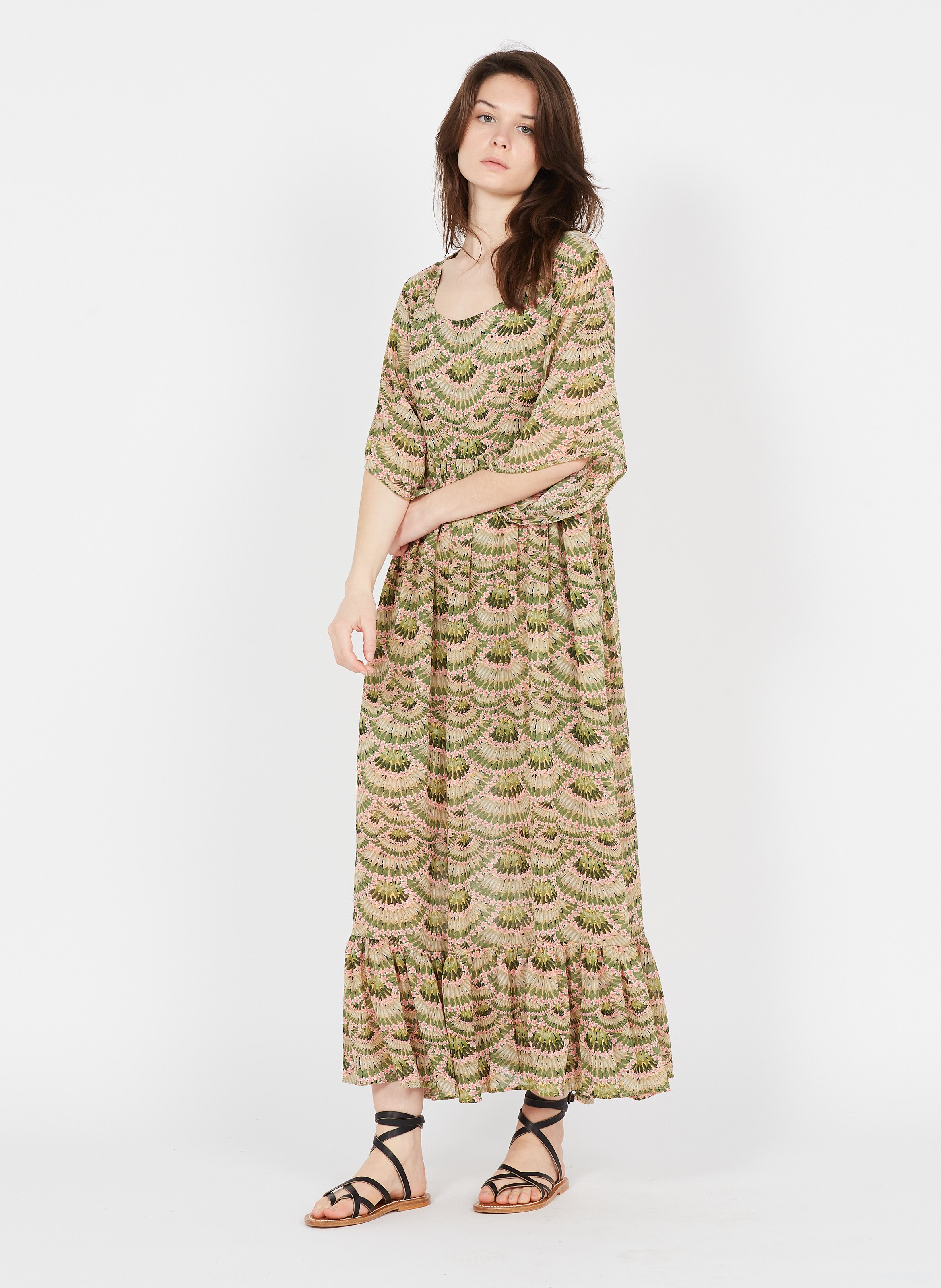 Vestido Largo Estampado Con Cuello Cuadrado Khaki Papeete Molly Bracken -  Mujer | Place des Tendances