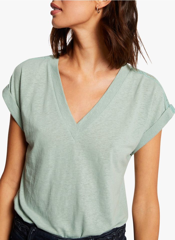 MORGAN Camiseta de lino y algodón con cuello de pico en verde