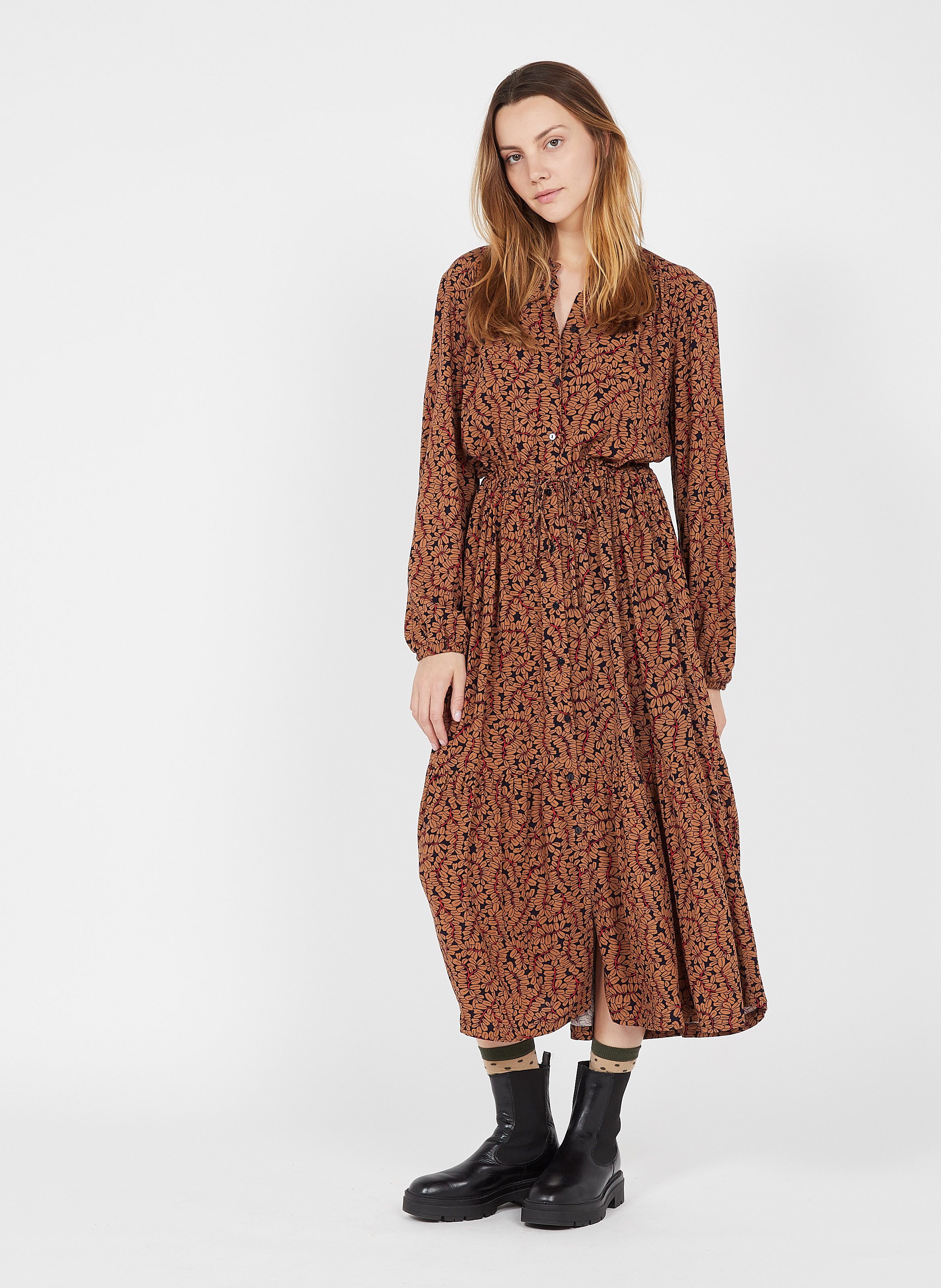 Largo Con Estampado De Flores Y Cuello Tunecino Marron Clair Nice Things - Mujer | des Tendances