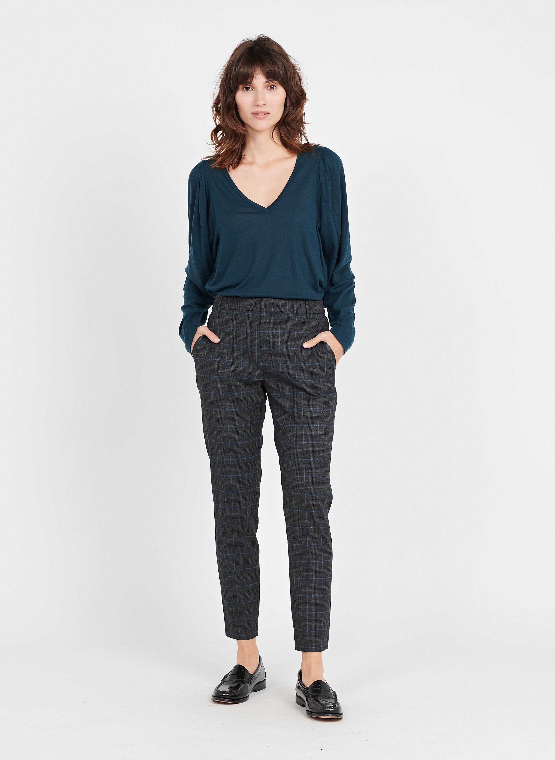 Pantalón Pitillo Tobillero Con Motivo Príncipe De Gales Gris Anthracite One Step - Mujer | des Tendances