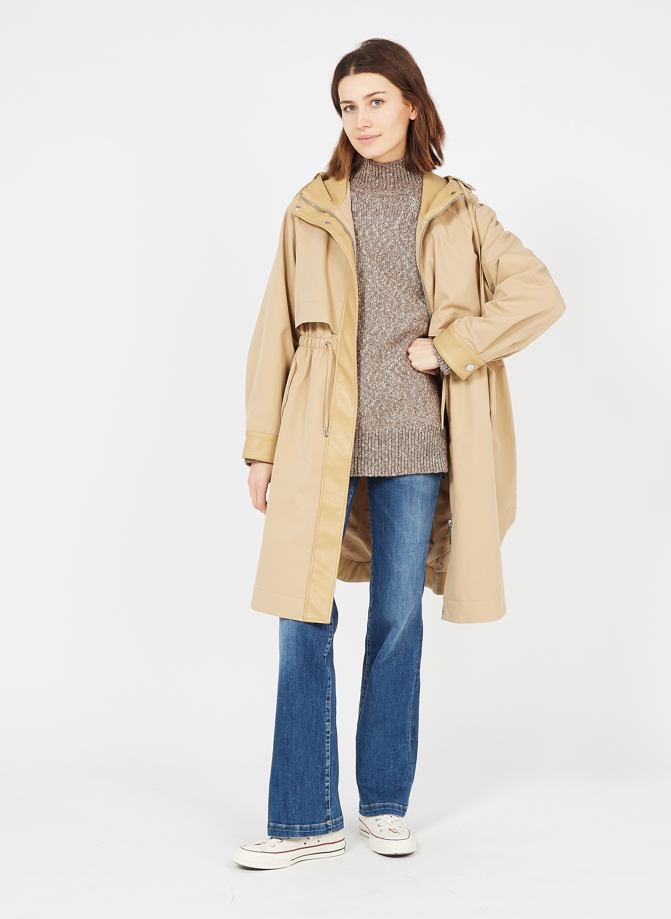 Gabardina De Mezcla De Algodón Con Cuello Alto Y Capucha Beige-macrocistide  Pinko - Mujer | Place des Tendances