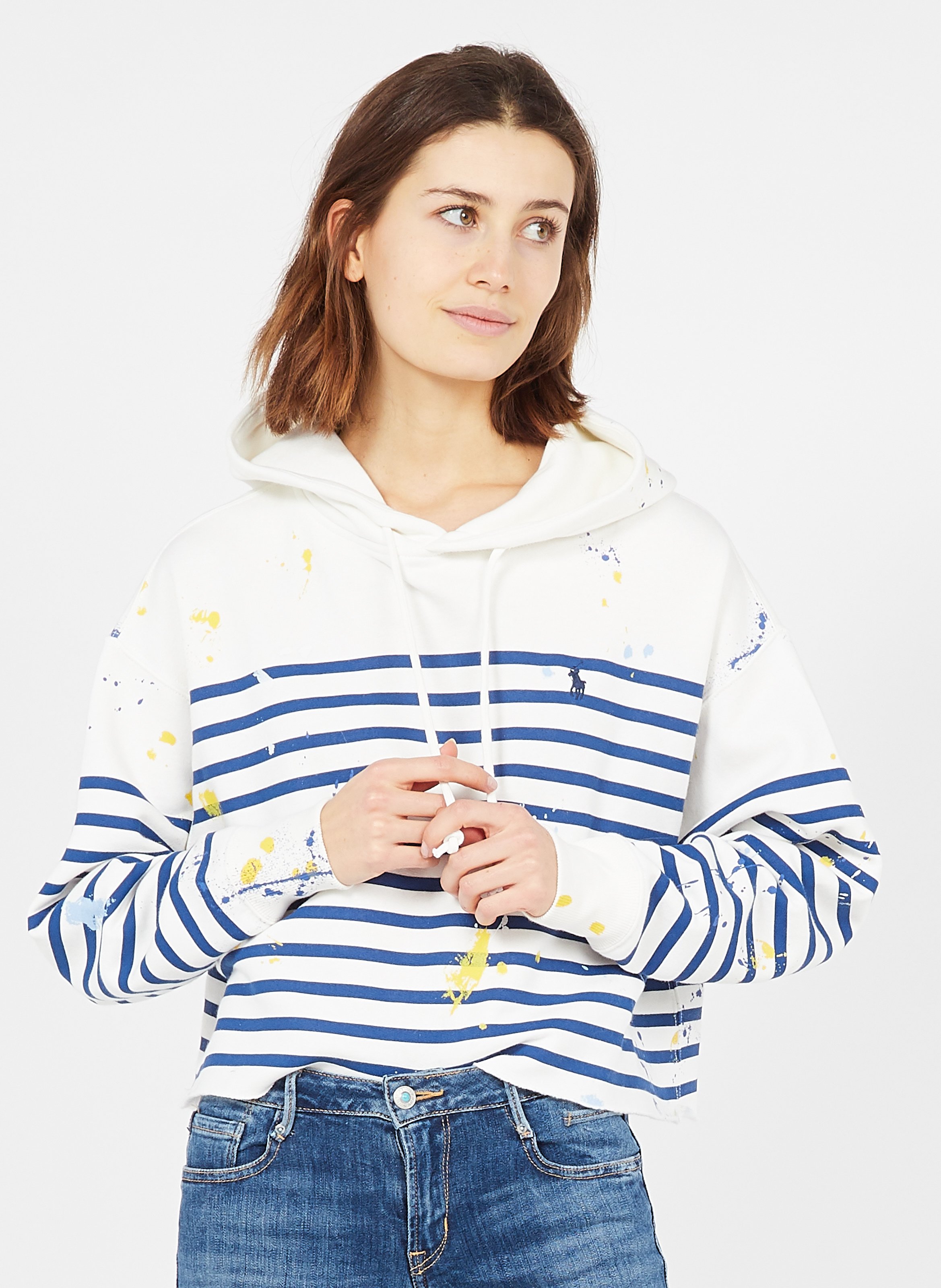 Sudadera De Mezcla De Algodón A Rayas Con Cuello Redondo Y Capucha Blue  Polo Ralph Lauren - Mujer | Place des Tendances