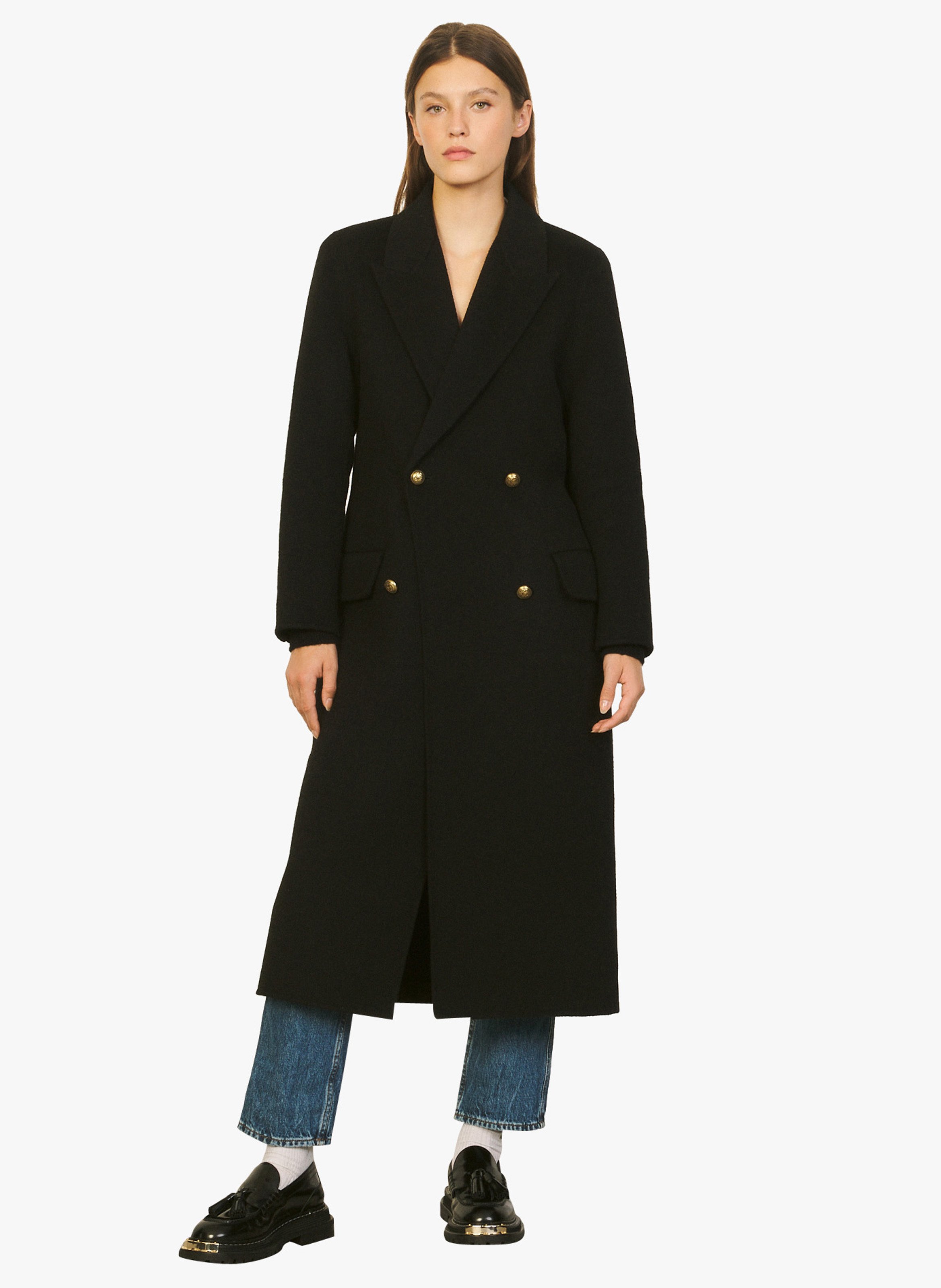 Abrigo Cruzado De Lana Con Cuello Sastre Noir Sandro - Mujer | Place des  Tendances