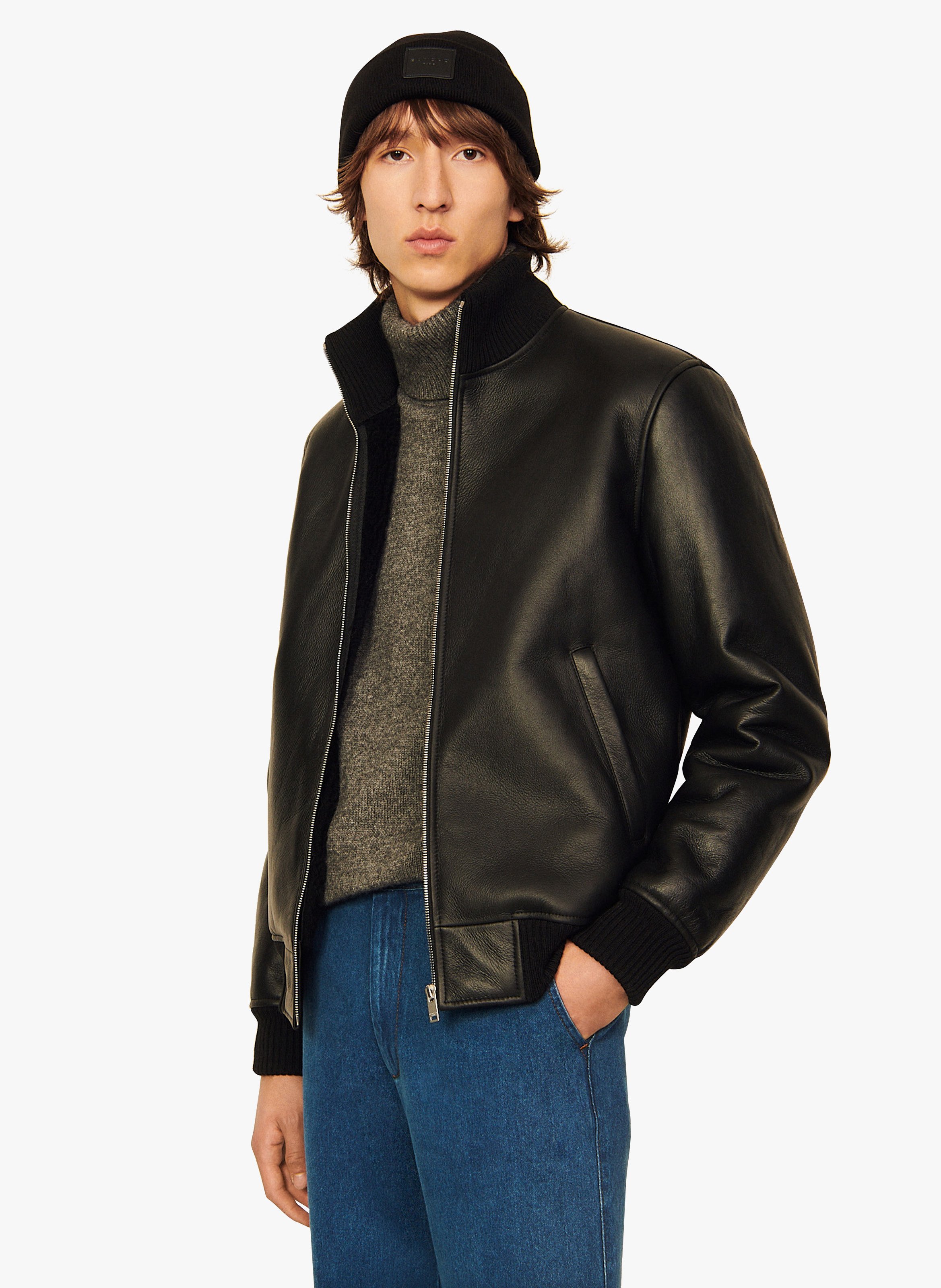 Cazadora De Piel Con Cuello Alto Noir Sandro - Hombre | Place des Tendances