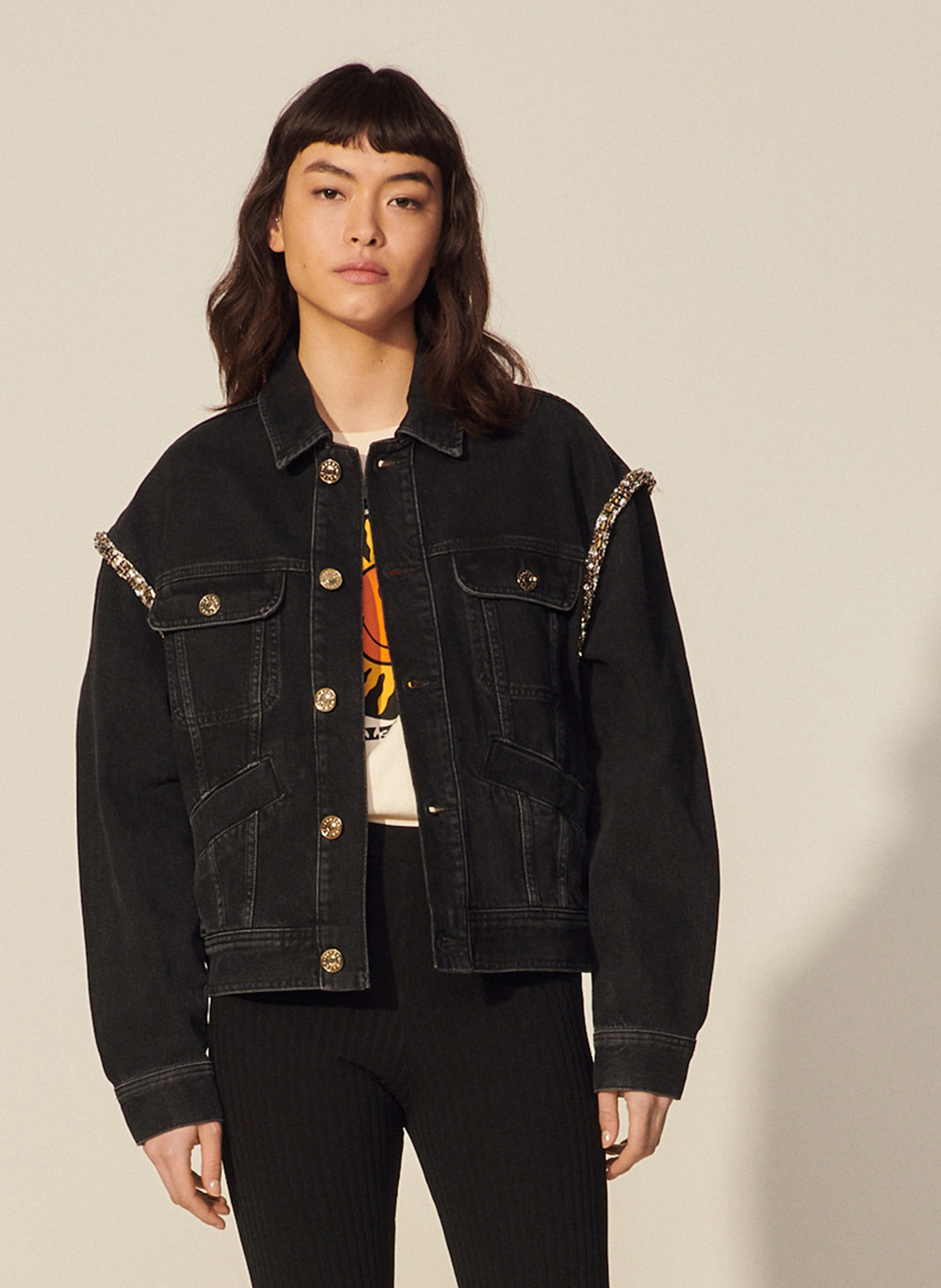 Balmain Chaqueta bómber vaquera negra con adornos de strass Negro |  Cazadoras Y Bómbers Hombre \u003c Chozosdelaroca
