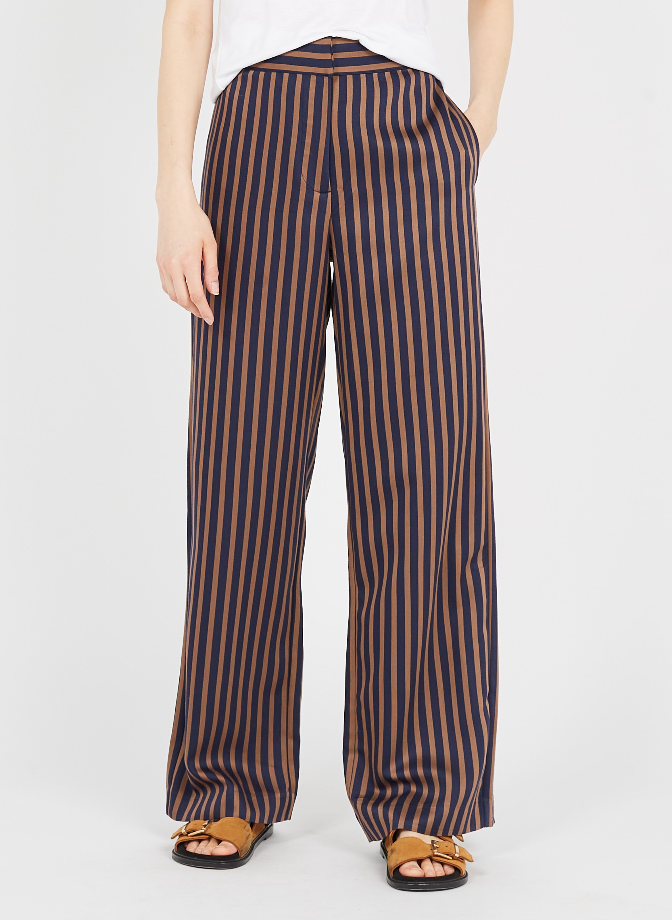 Pantalón Holgado De Mezcla De Viscosa A Rayas Navy Bestripes School Rag -  Mujer | Place des Tendances