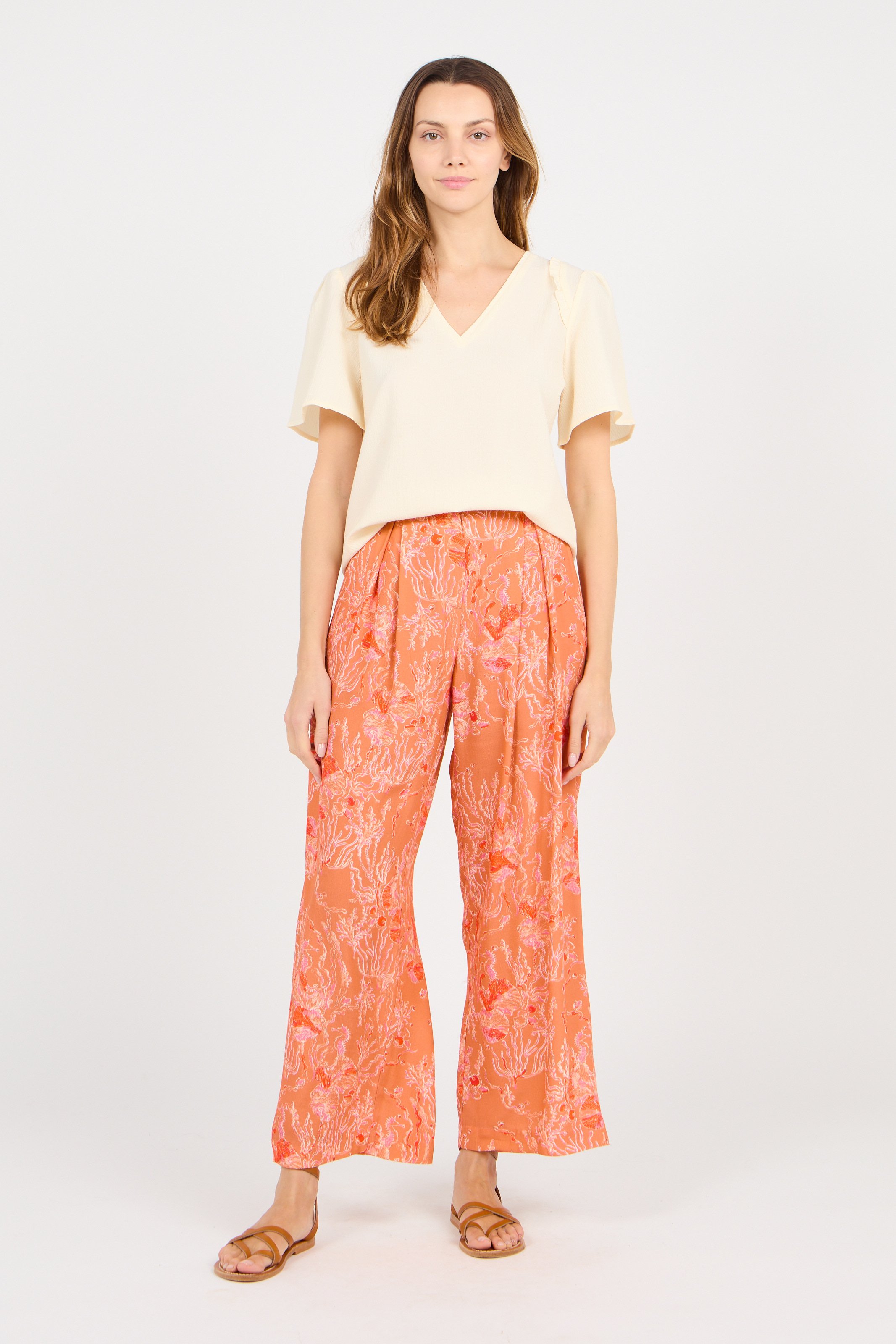 Pantalón Ancho Estampado De Crepé De Viscosa Orange See U Soon - Mujer |  Place des Tendances
