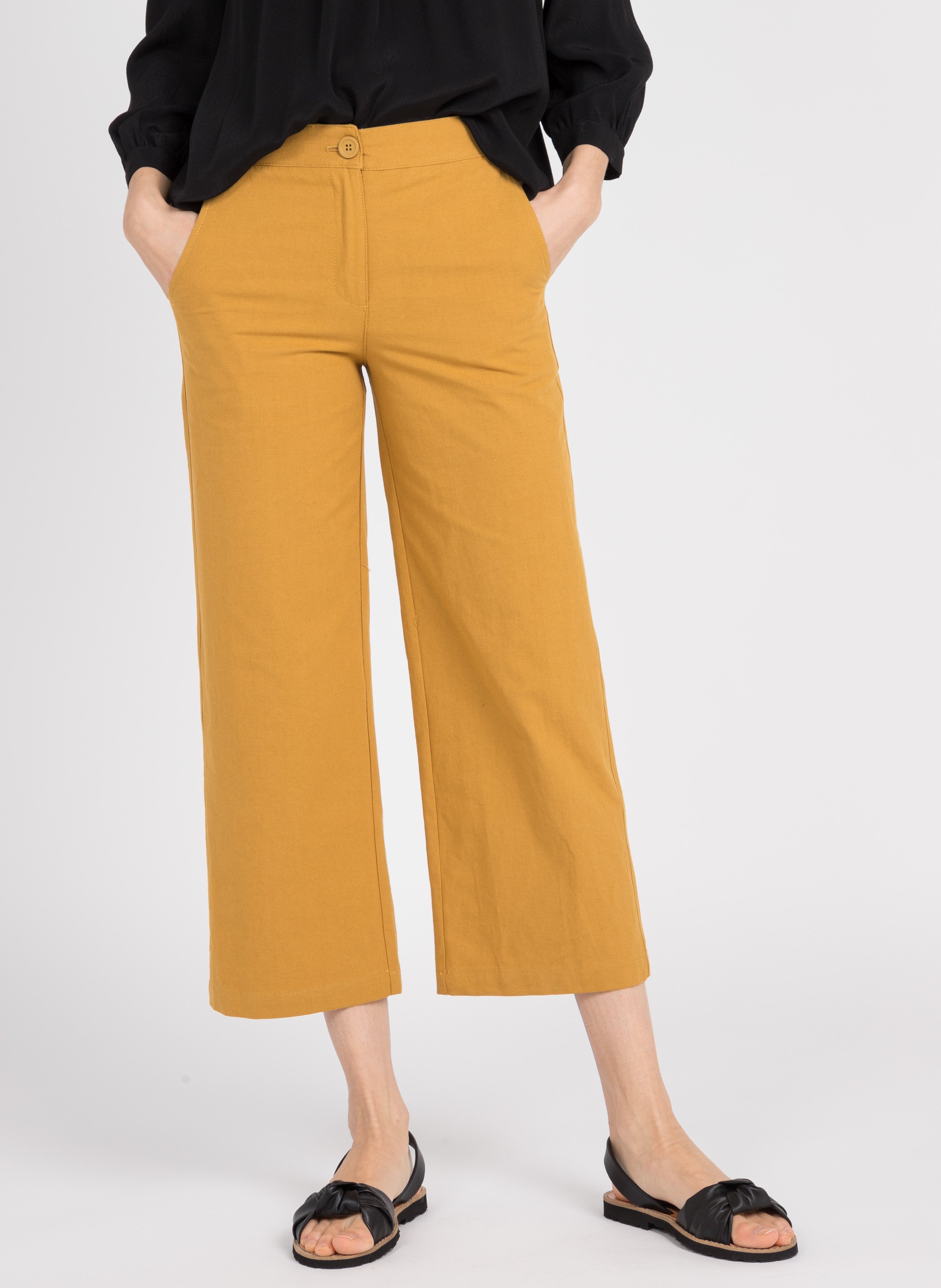 Pantalón Ancho Tobillero De Algodón Y Lino Yellow See U Soon - Mujer |  Place des Tendances