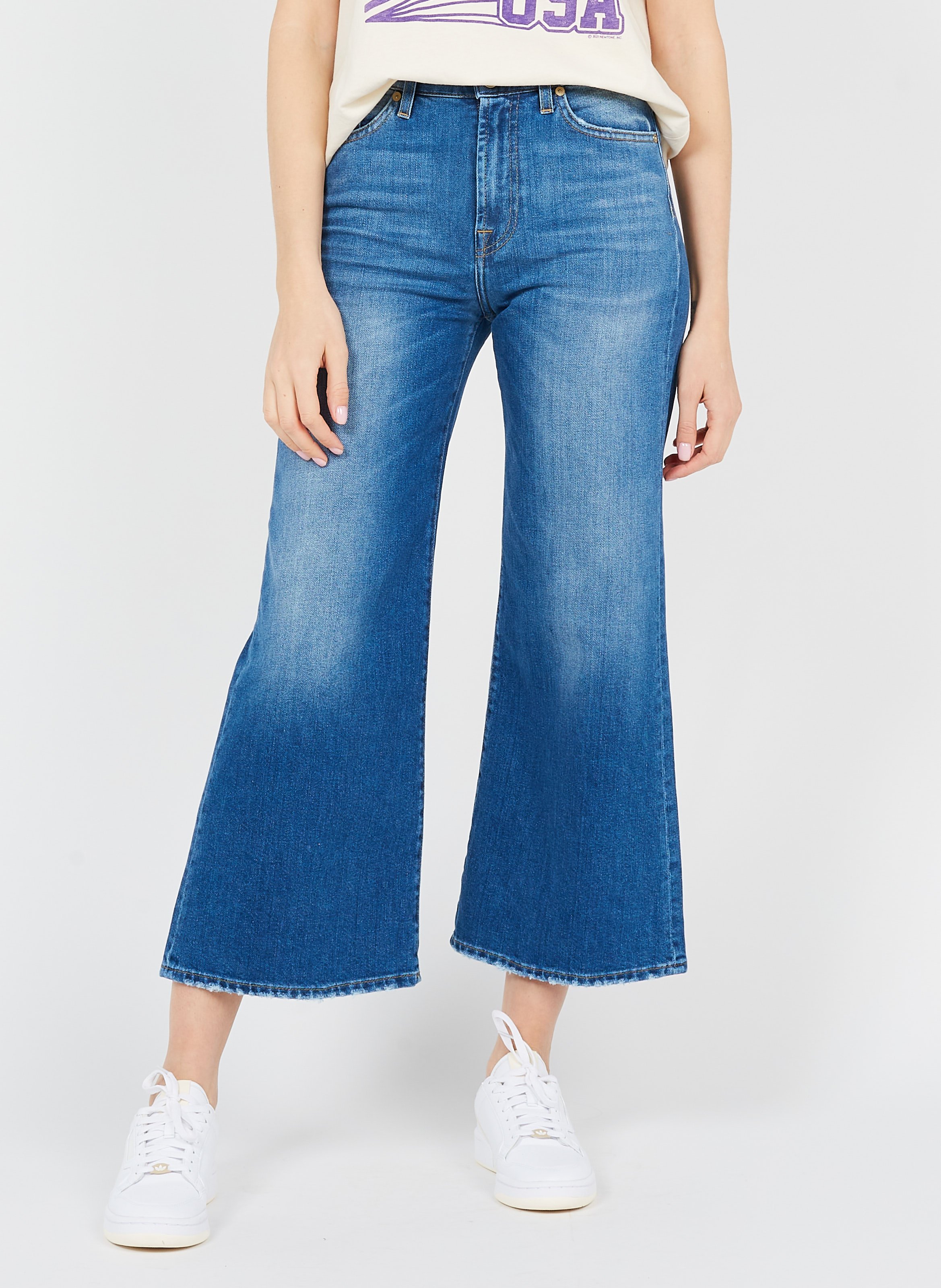 Pantalón Capri Ancho De Algodón Mid Blue 7 For All Mankind - Mujer | Place  des Tendances