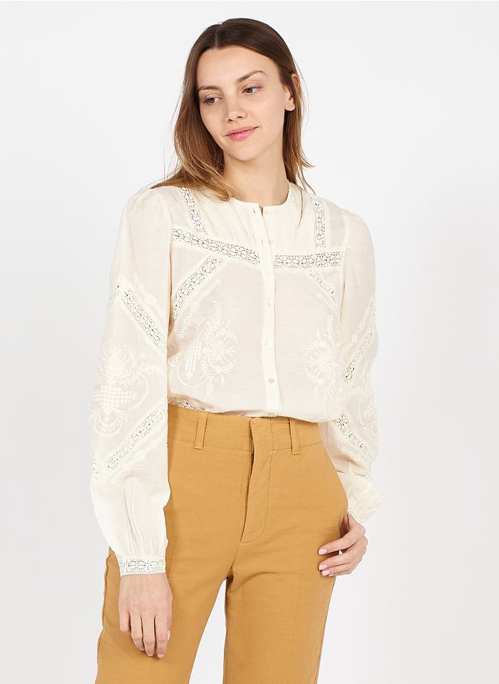 STELLA FOREST Camisa de mezcla de algodón bordada con cuello redondo en blanco