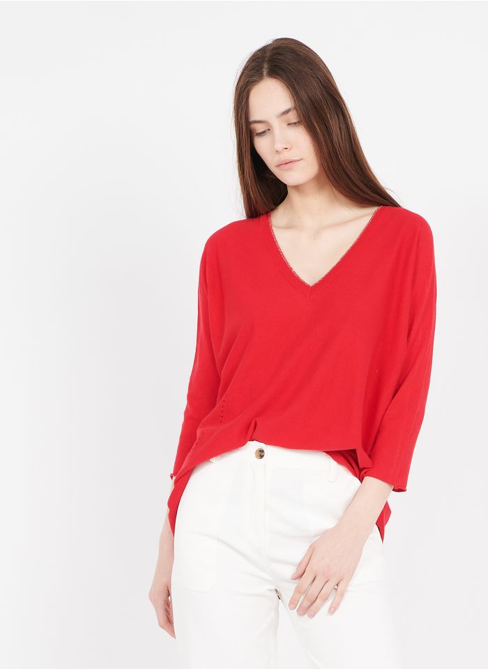 SUD EXPRESS Jersey de mezcla de algodón con cuello de pico en rojo