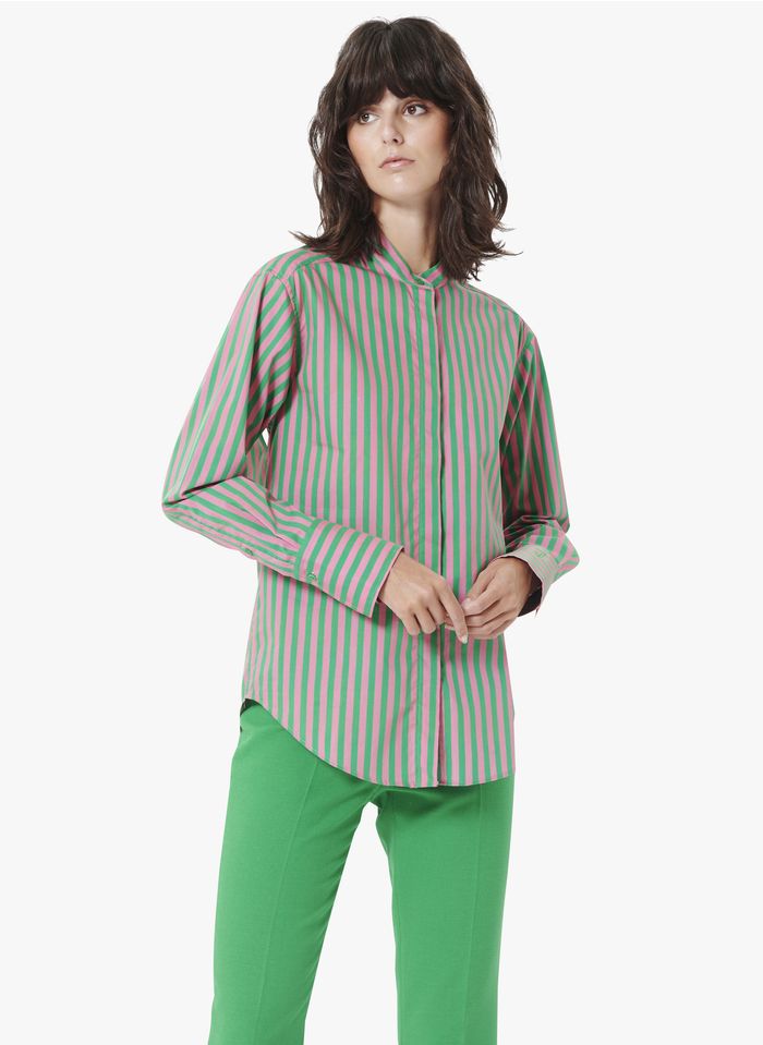 TARA JARMON Camisa de popelina de algodón a rayas con cuello mao en verde