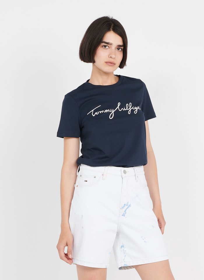 Camiseta De Algodón Orgánico Serigrafiada Con Redondo Midnight Tommy Hilfiger - Mujer | Place des Tendances