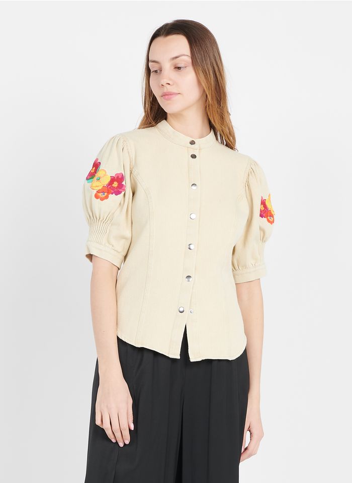 TWINSET Camisa bordada de algodón con cuello redondo en beige
