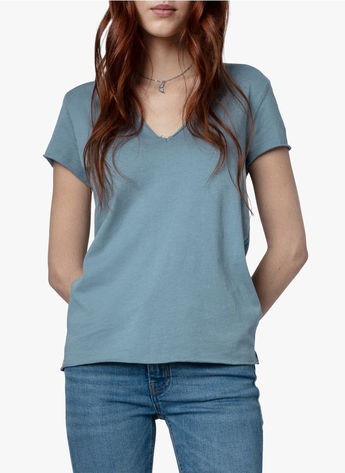 ZADIG&VOLTAIRE Camiseta bordada de algodón con cuello de pico en azul
