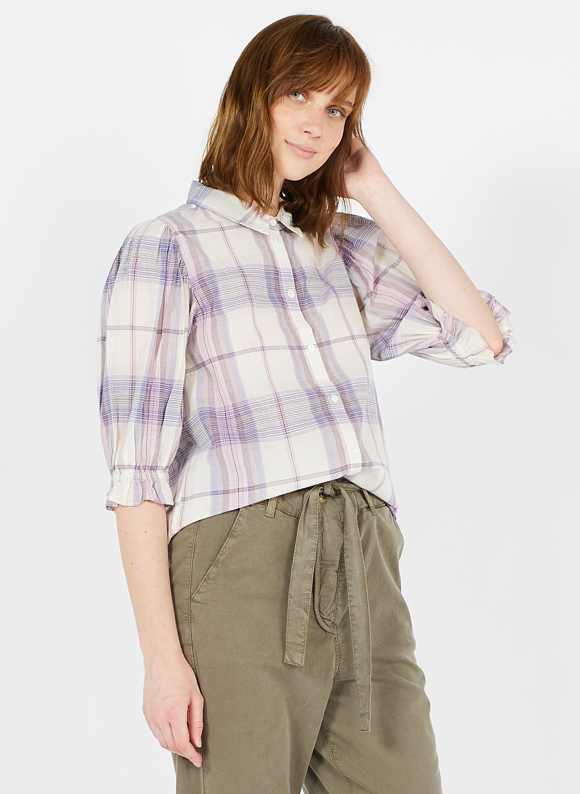 See By Chloe Manches Courtes Carreaux Violet Crème Chemise Taille 10 