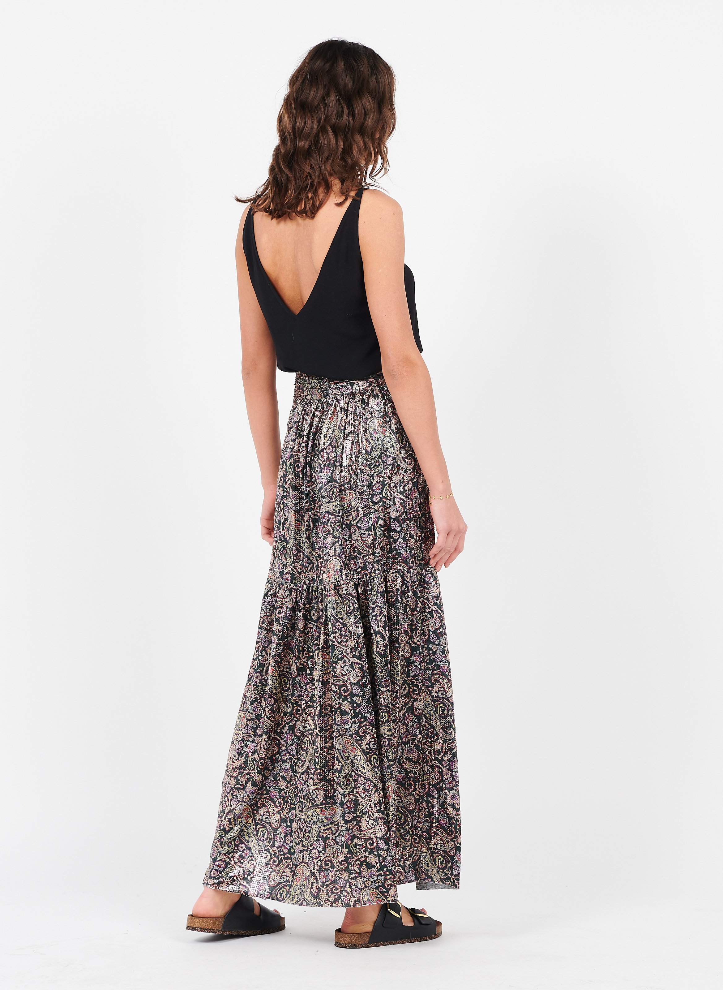 Jupe Longue Metallisee Imprimee Noir Ba Sh Femme Place Des Tendances