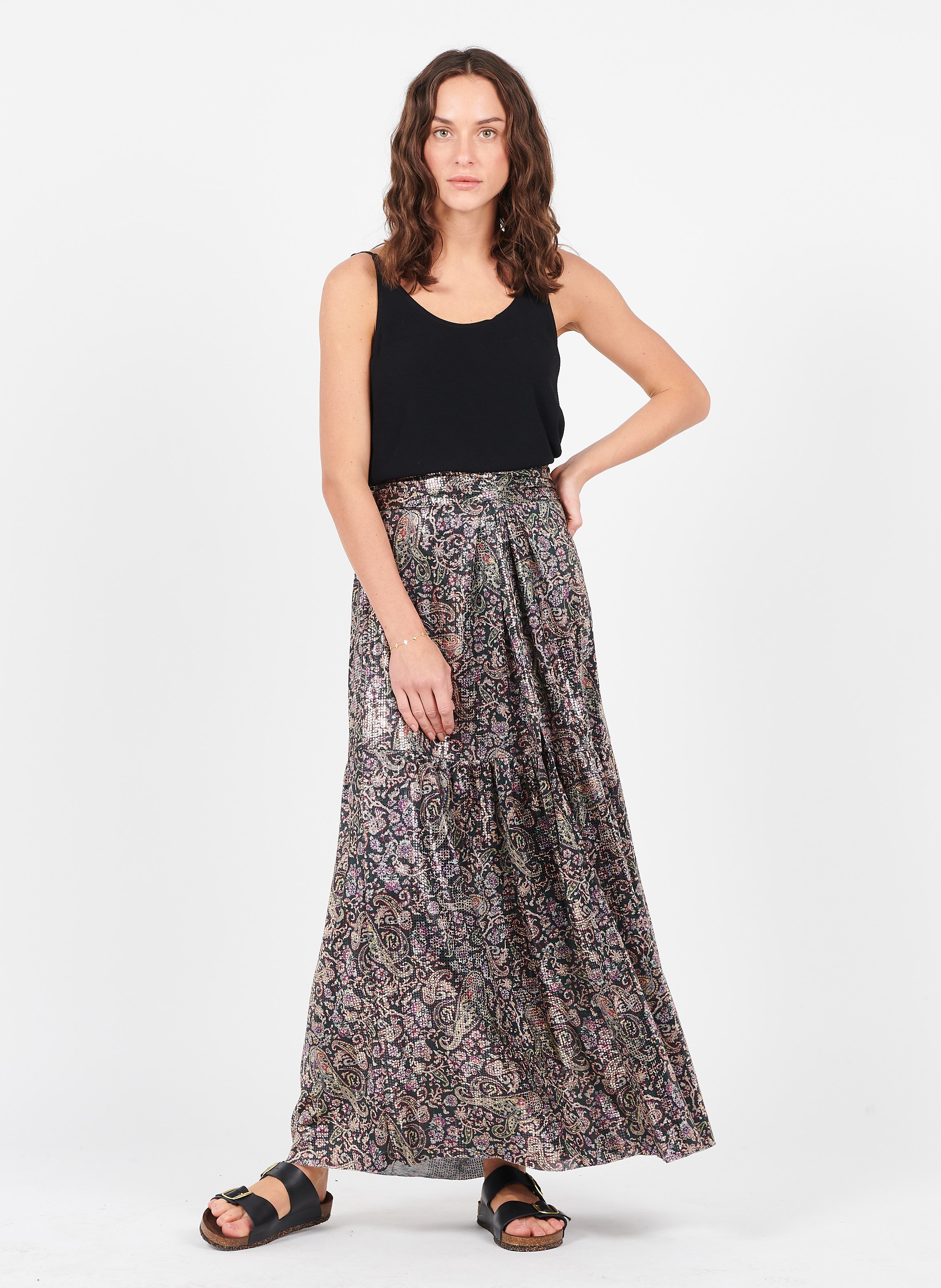 Jupe Longue Metallisee Imprimee Noir Ba Sh Femme Place Des Tendances