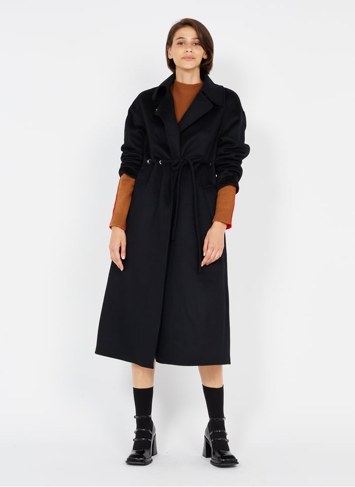 Manteau Long Col Classique En Laine Mélangée Noir Ba & Sh - Femme ...