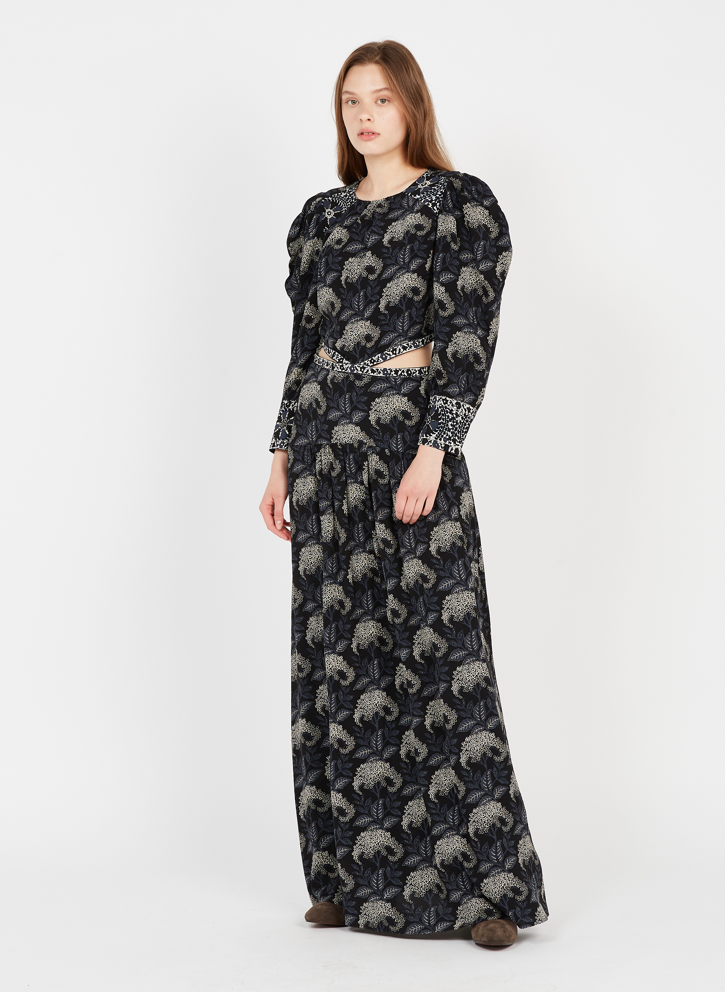 Robe Longue Col Rond Imprimé Feuillage Carbone Ba & Sh Femme Place