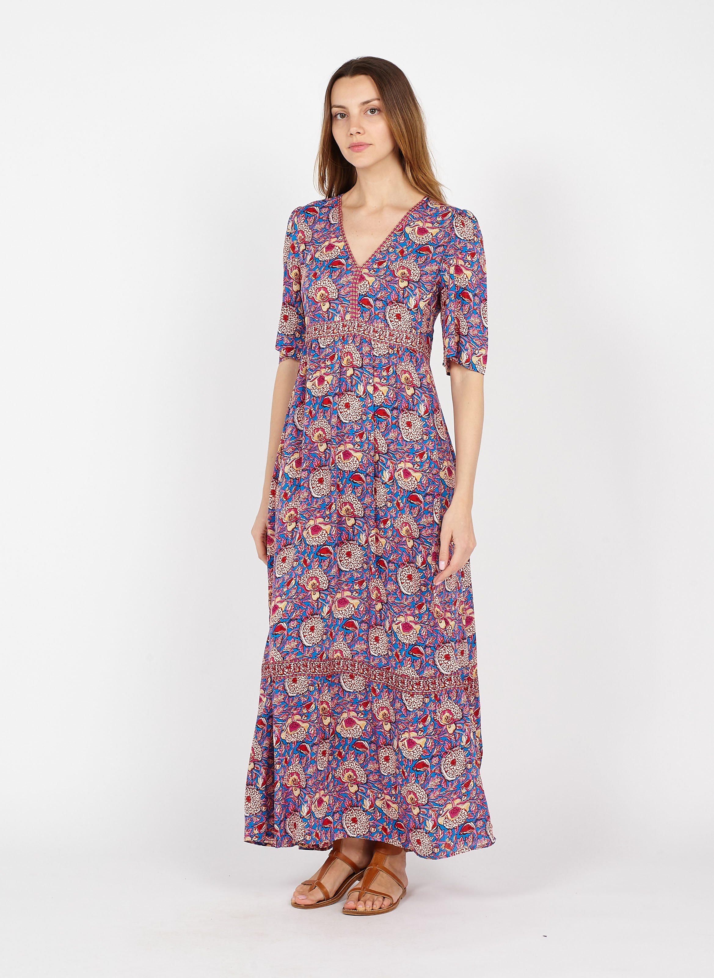 Robe Longue Col V Imprimee Fushia Ba Sh Femme Place Des Tendances