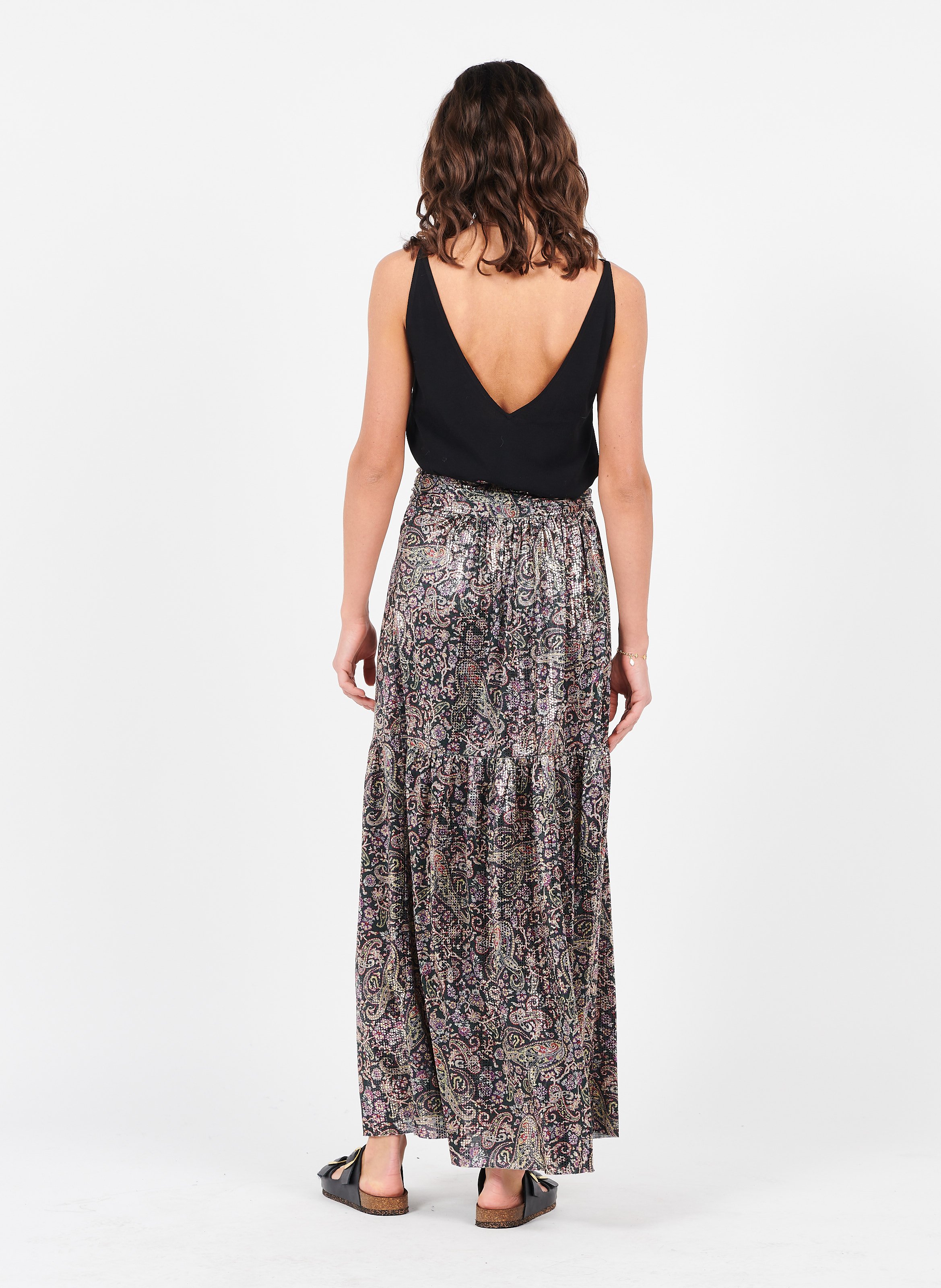 Jupe Longue Metallisee Imprimee Noir Ba Sh Femme Place Des Tendances