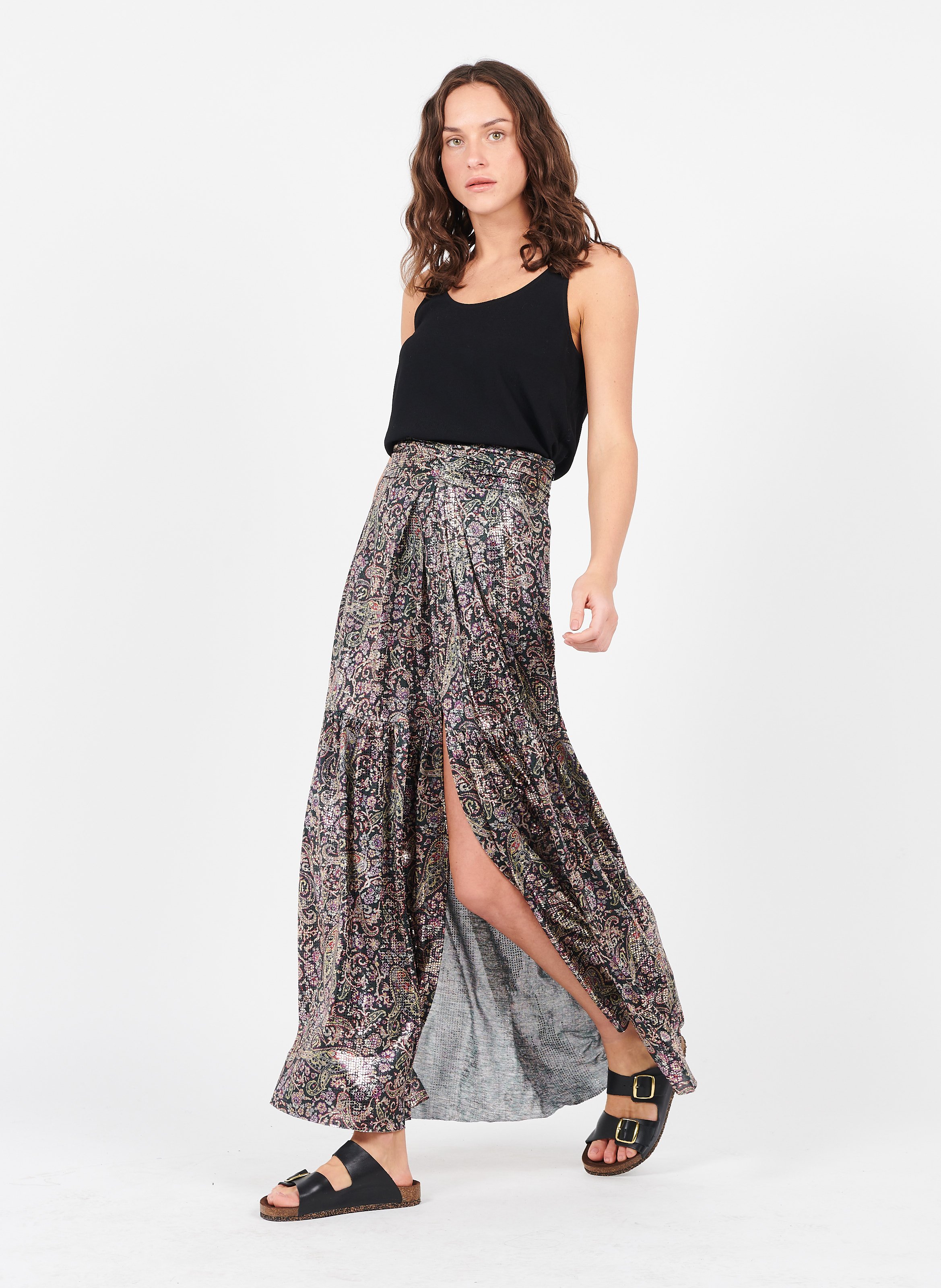 Jupe Longue Metallisee Imprimee Noir Ba Sh Femme Place Des Tendances