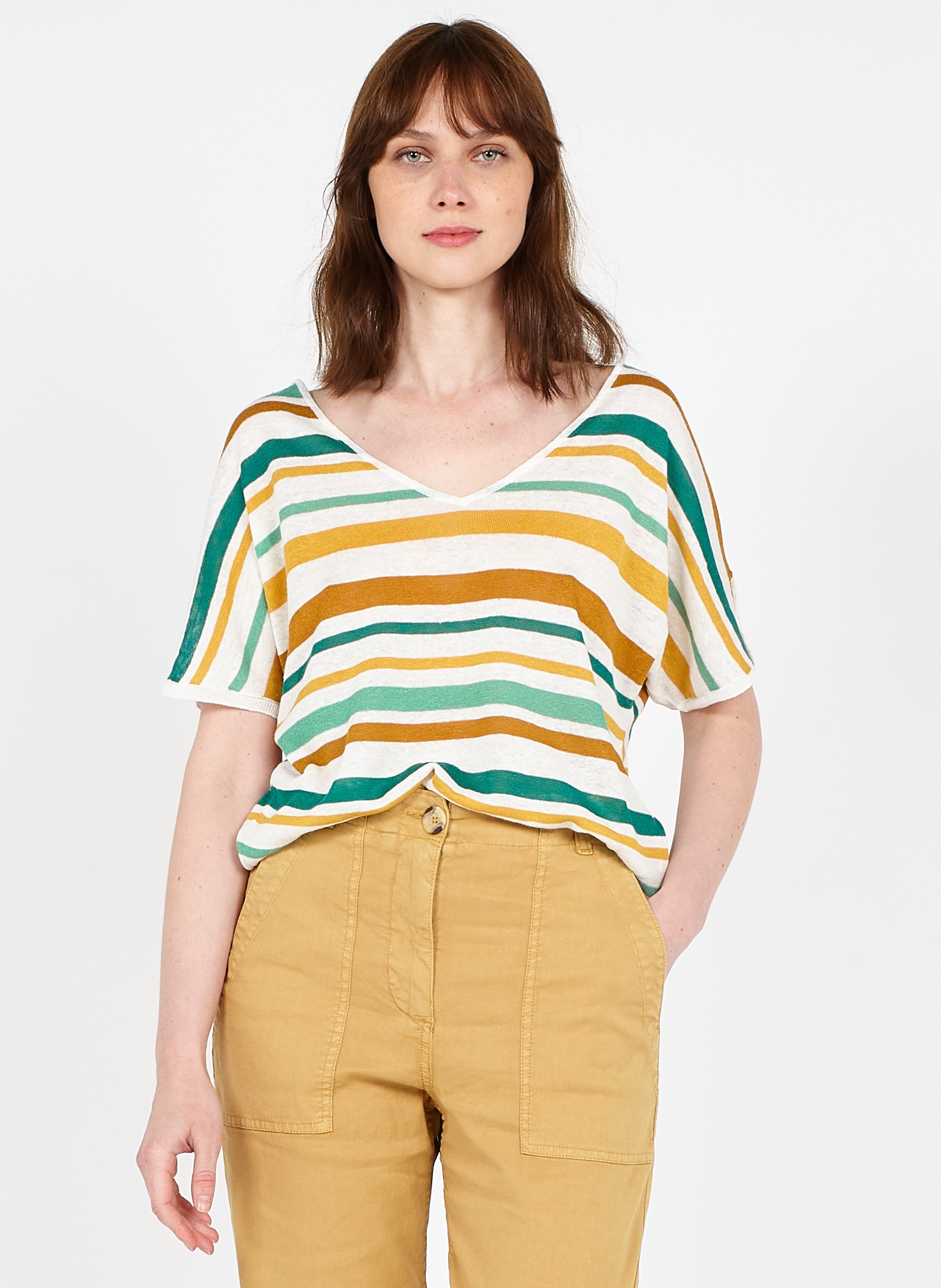 T-shirt Rayé Caroll Taille 44 Avec Fils Argentés Et Dorés - Couleur Jaune, Col V, Occasion Excellent état