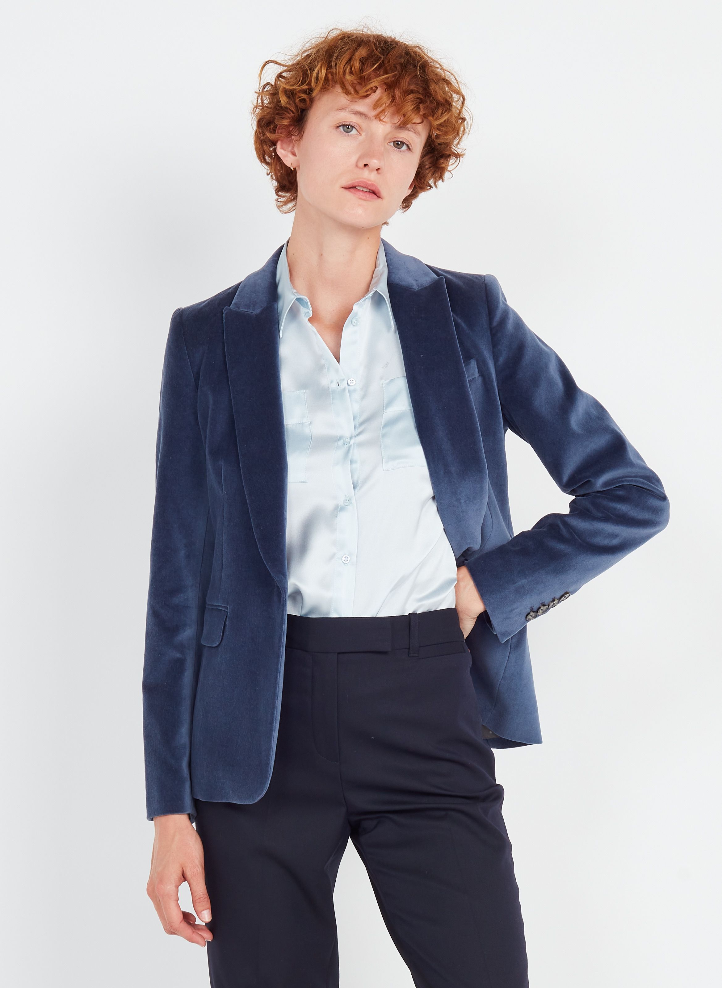 Veste De Tailleur En Coton Aspect Velours Navy Blue Caroll Femme