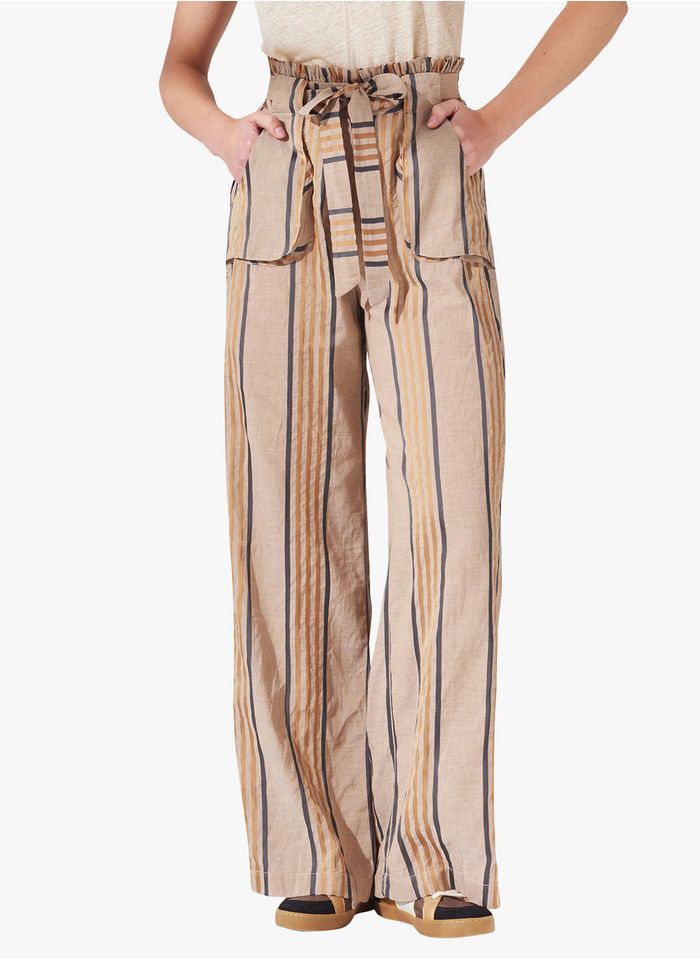 COTELAC Pantalon large rayé en coton et lin mélangés  | Doré