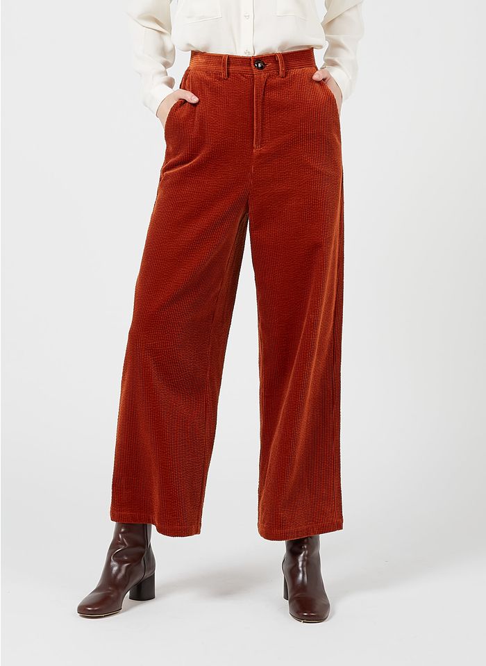 DES PETITS HAUTS Pantalon large taille haute en velours côtelé Orange