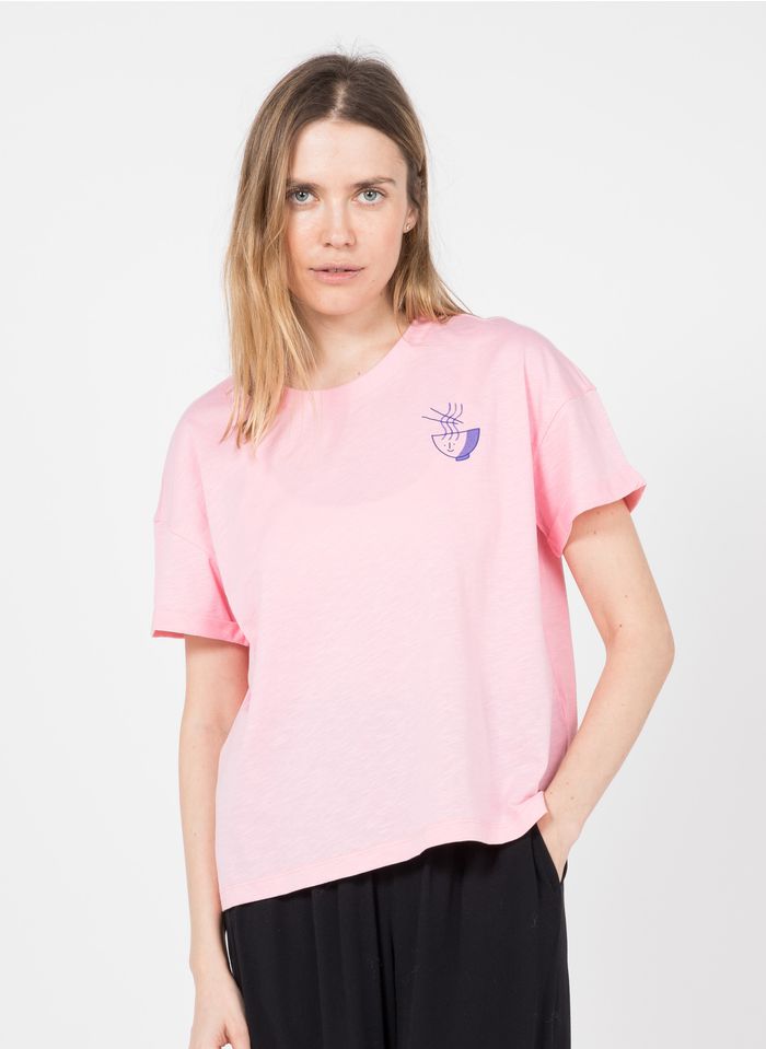 DES PETITS HAUTS Tee-shirt col rond sérigraphié en coton  | Rose