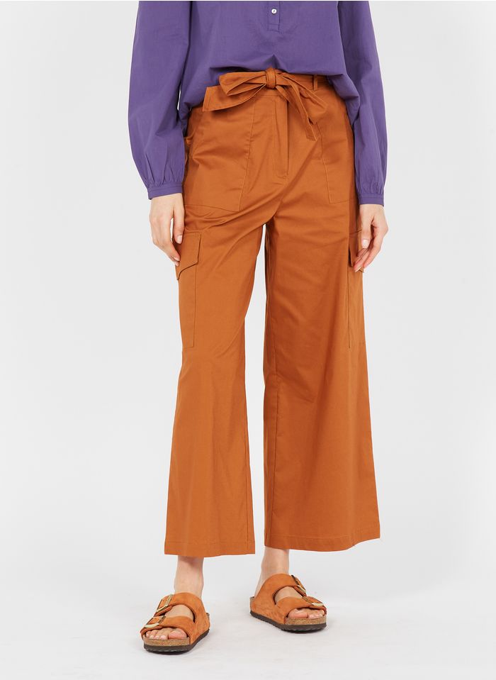 FRNCH Pantalon large talille haute en coton stretch | Marron